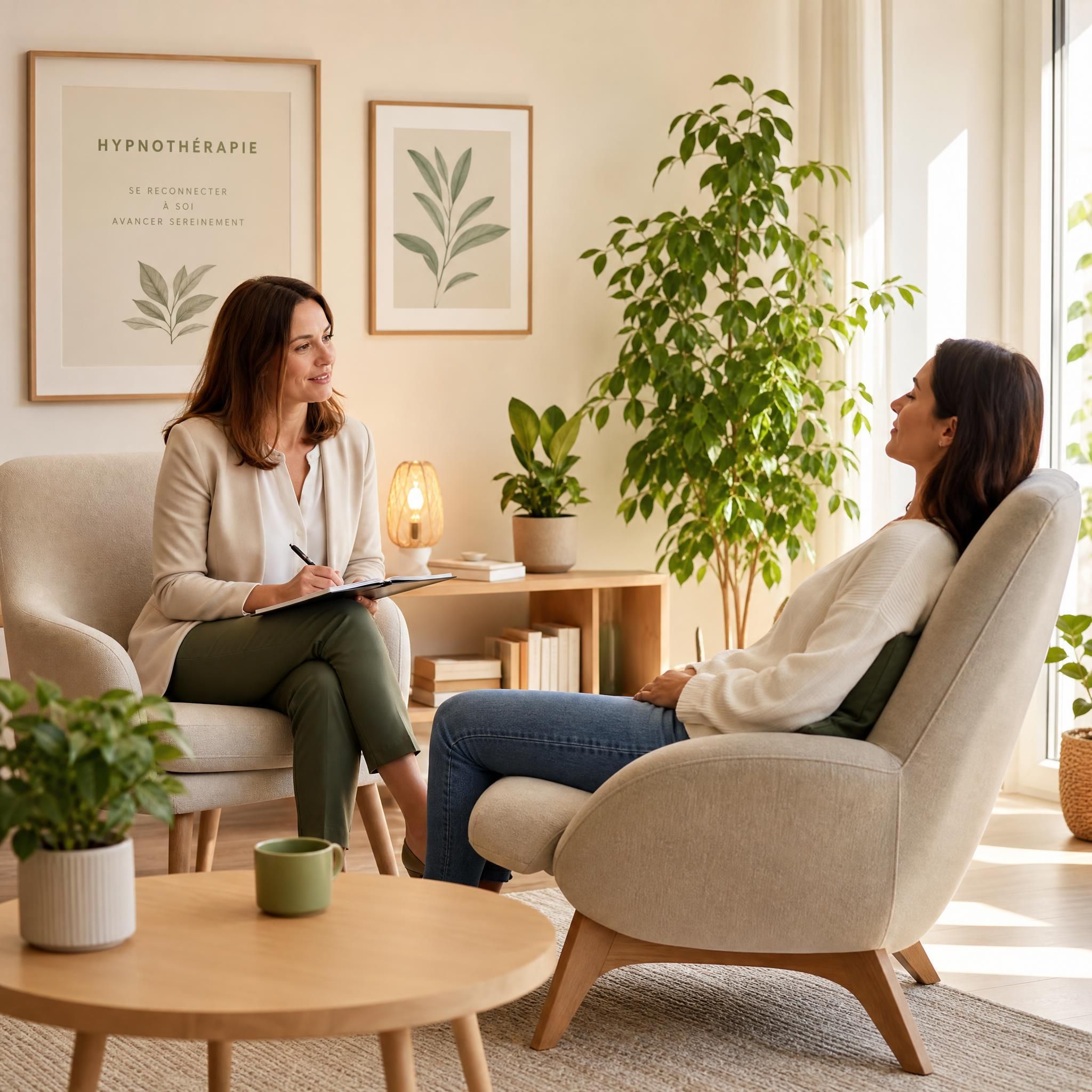 Hypnothérapeute professionnelle en cabinet moderne et chaleureux, assise en face d'une patiente détendue dans un fauteuil confortable, ambiance lumineuse et bienveillante, tons beige et vert végétal