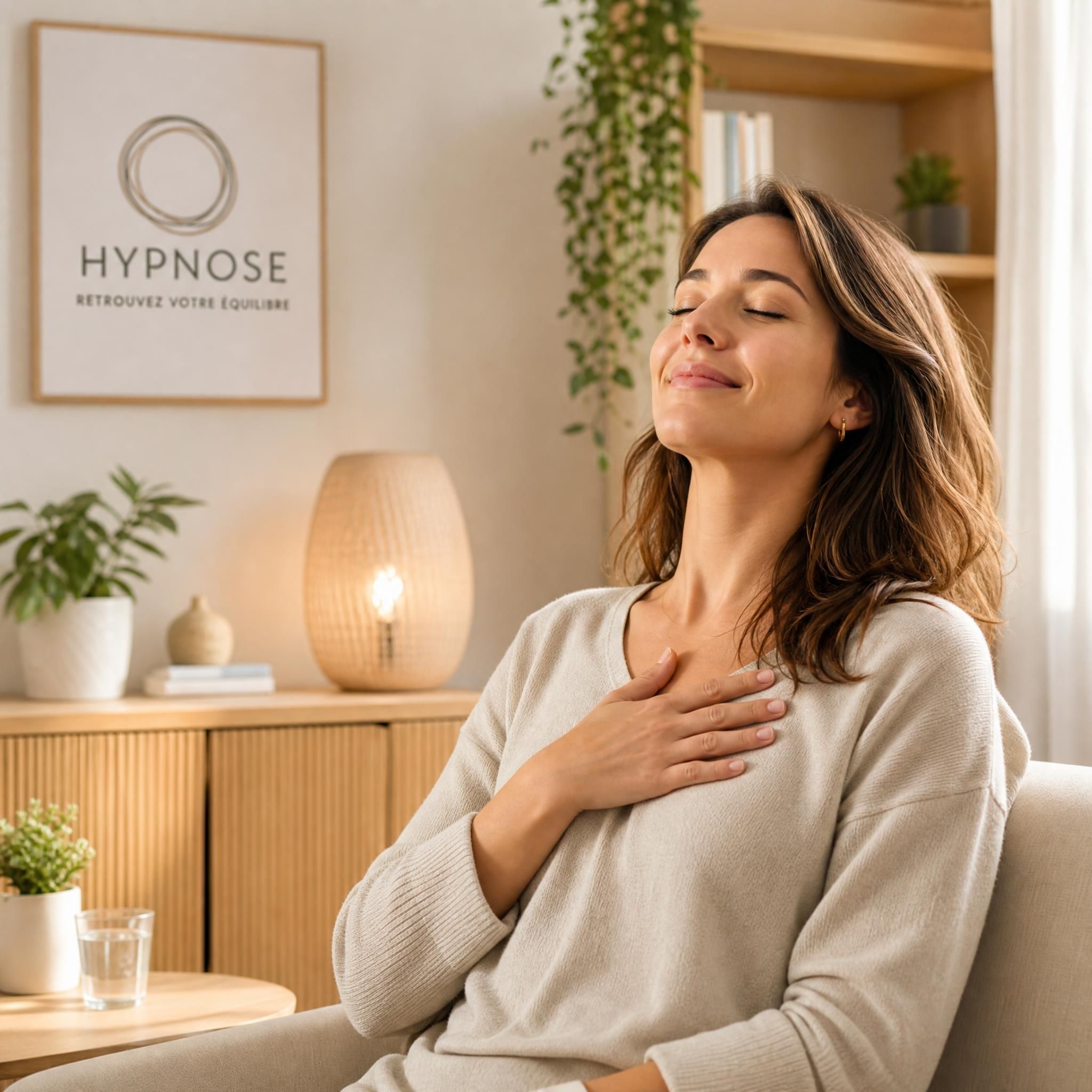 Femme détendue qui pose la main sur sa poitrine, yeux mi-clos, expression de soulagement et de légèreté, cabinet d'hypnose moderne et chaleureux, lumière naturelle douce, tons beige et bois clair