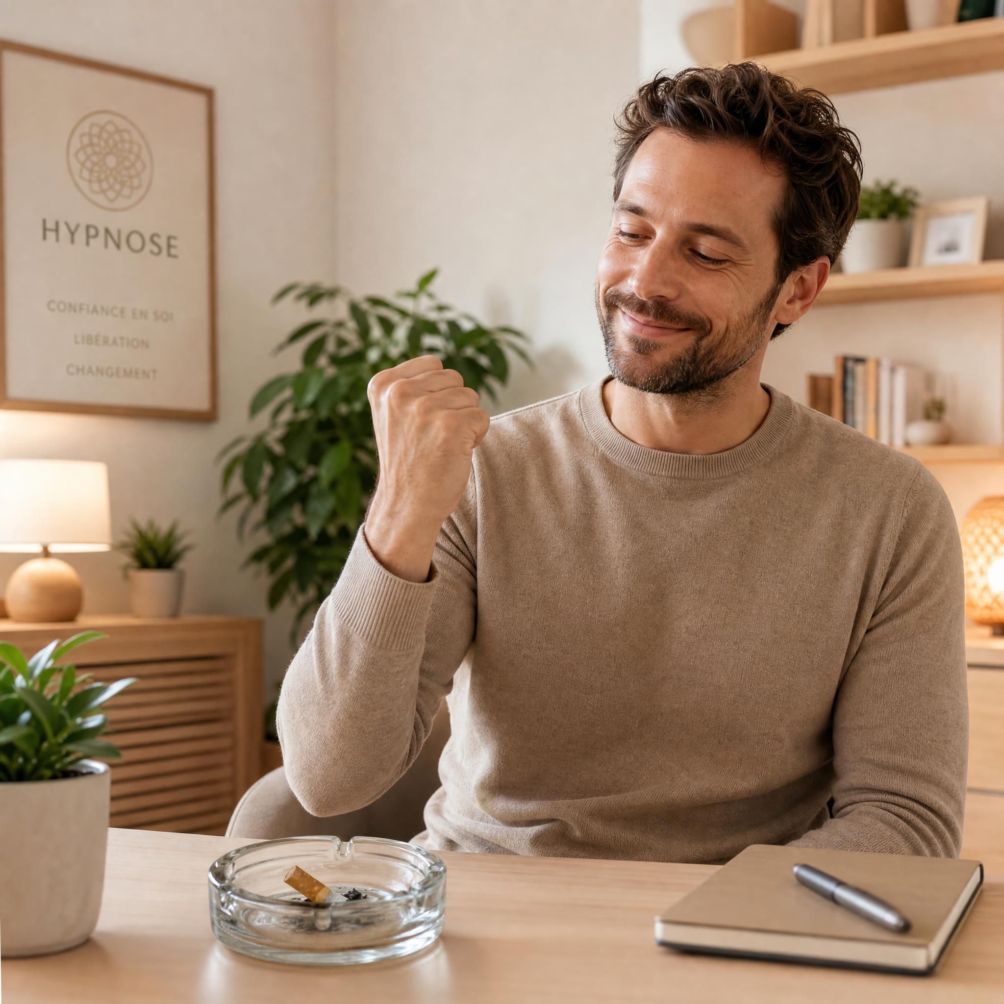 Homme souriant qui regarde une cigarette écrasée dans un cendrier, expression de liberté et de fierté, cabinet d'hypnose chaleureux en arrière-plan, tons beige et bois clair, lumière naturelle douce
