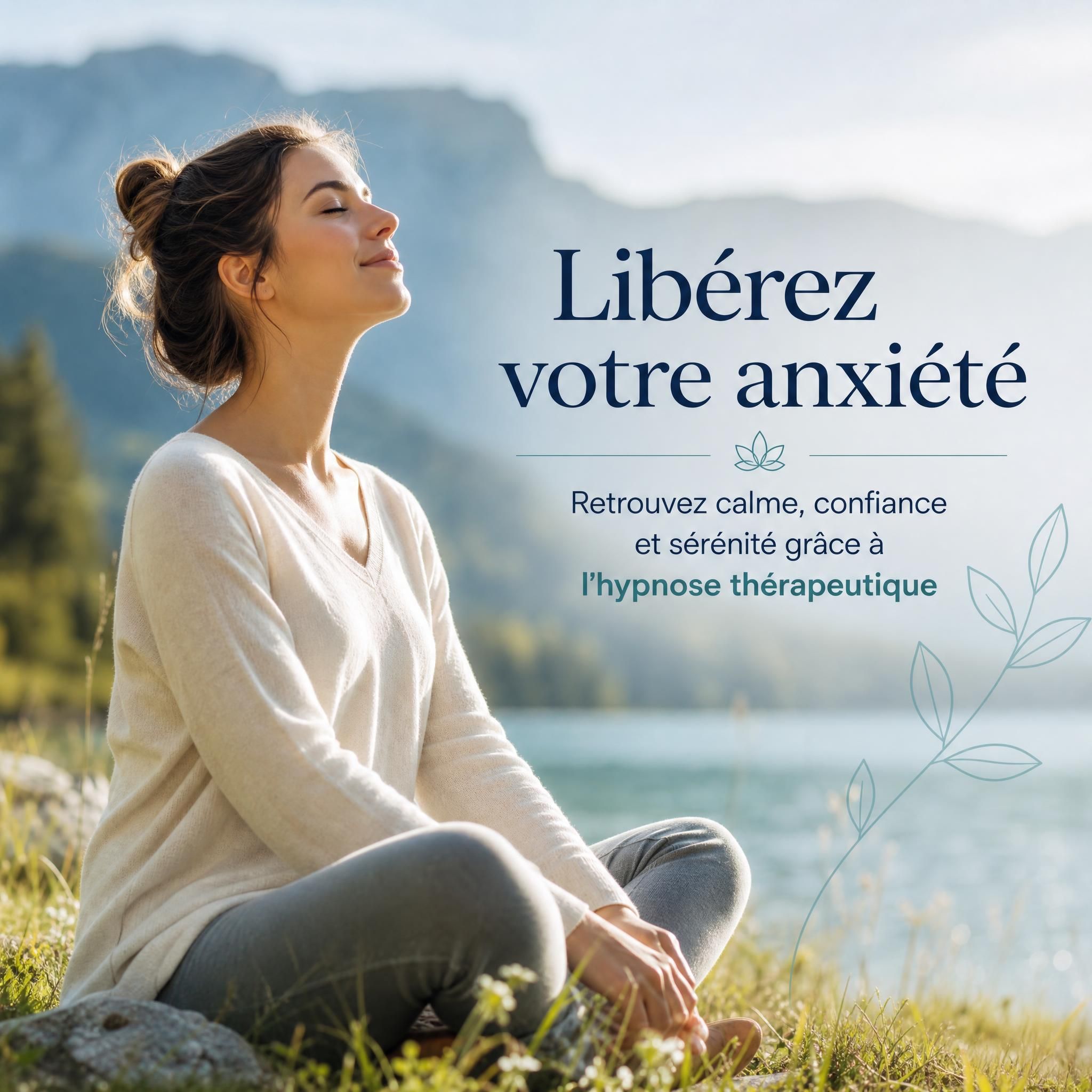 femme sereine assise dans la nature, les yeux fermés, respirant profondément — symbolisant la libération de l'anxiété par l'hypnose thérapeutique