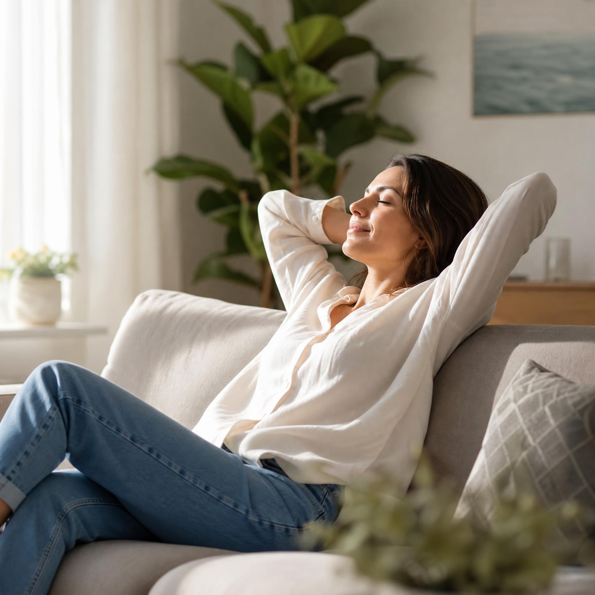personne détendue en position de relaxation, lumière naturelle douce, atmosphère de confiance et de sécurité intérieure