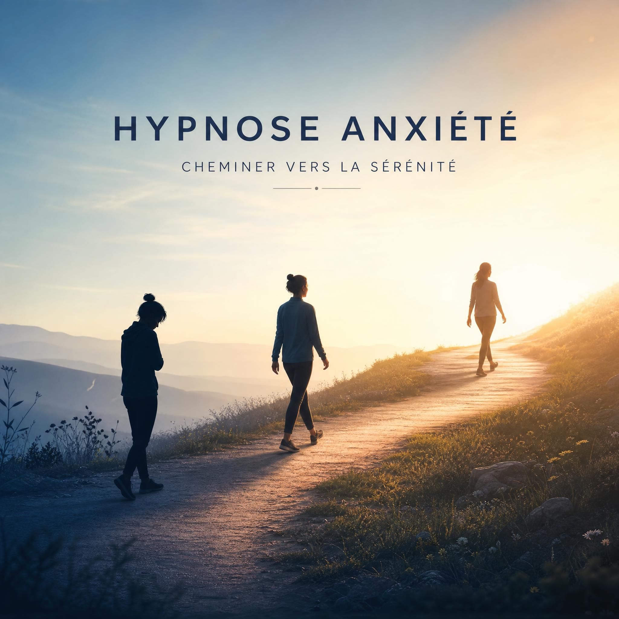 trois silhouettes de personnes en chemin vers une lumière douce, symbolisant la transformation progressive grâce à l'hypnose anxiété