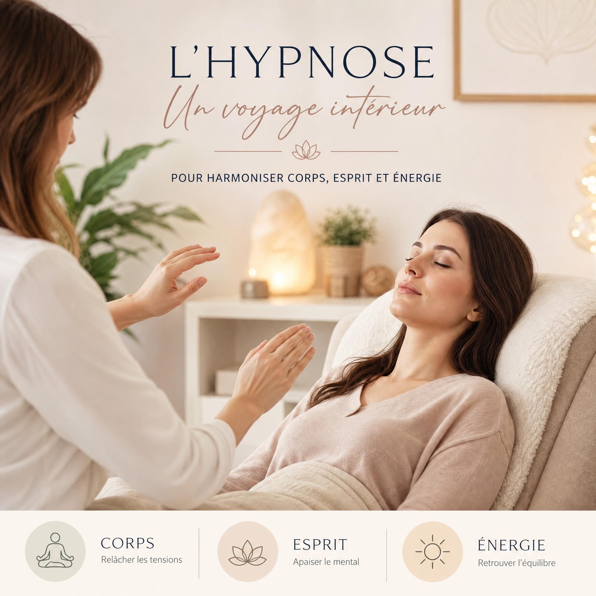 femme sereine en séance d'hypnose thérapeutique, lumière douce, ambiance apaisante corps-esprit-énergie