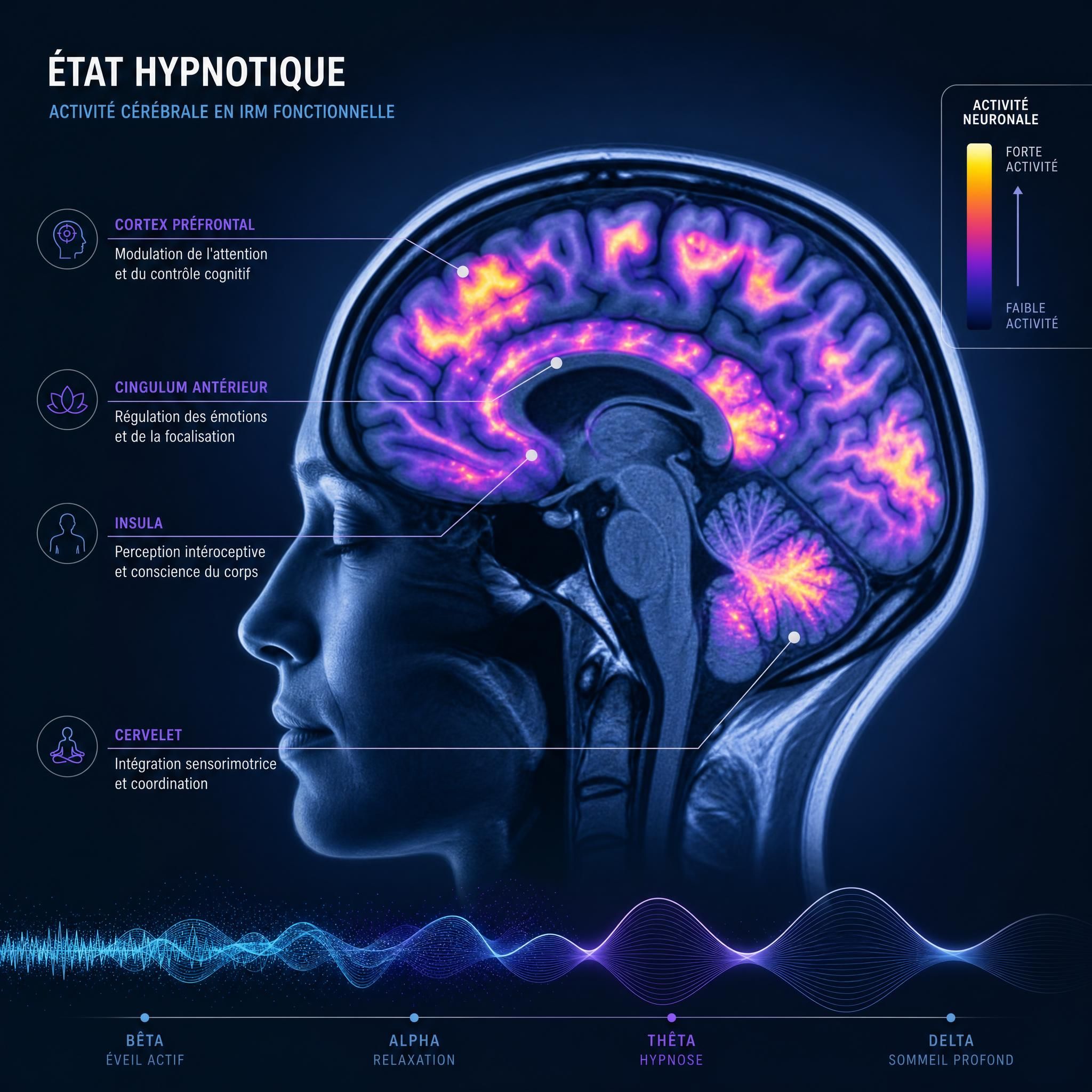 illustration cerveau en IRM fonctionnelle montrant l'activité neuronale pendant l'état hypnotique, tons bleus et violets scientifiques