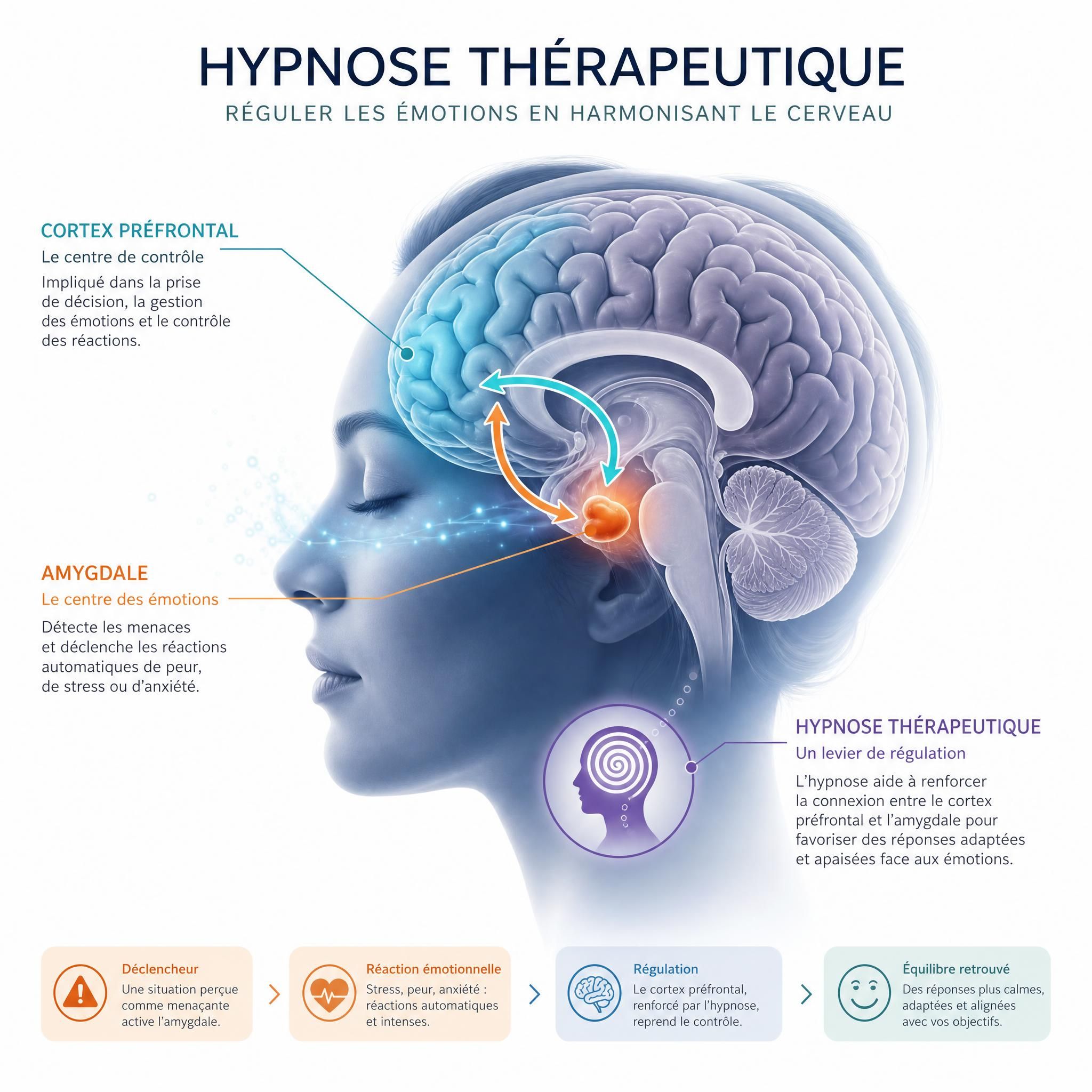 illustration du cerveau humain avec mise en évidence de l'amygdale et du cortex préfrontal — représentant la régulation émotionnelle par l'hypnose thérapeutique