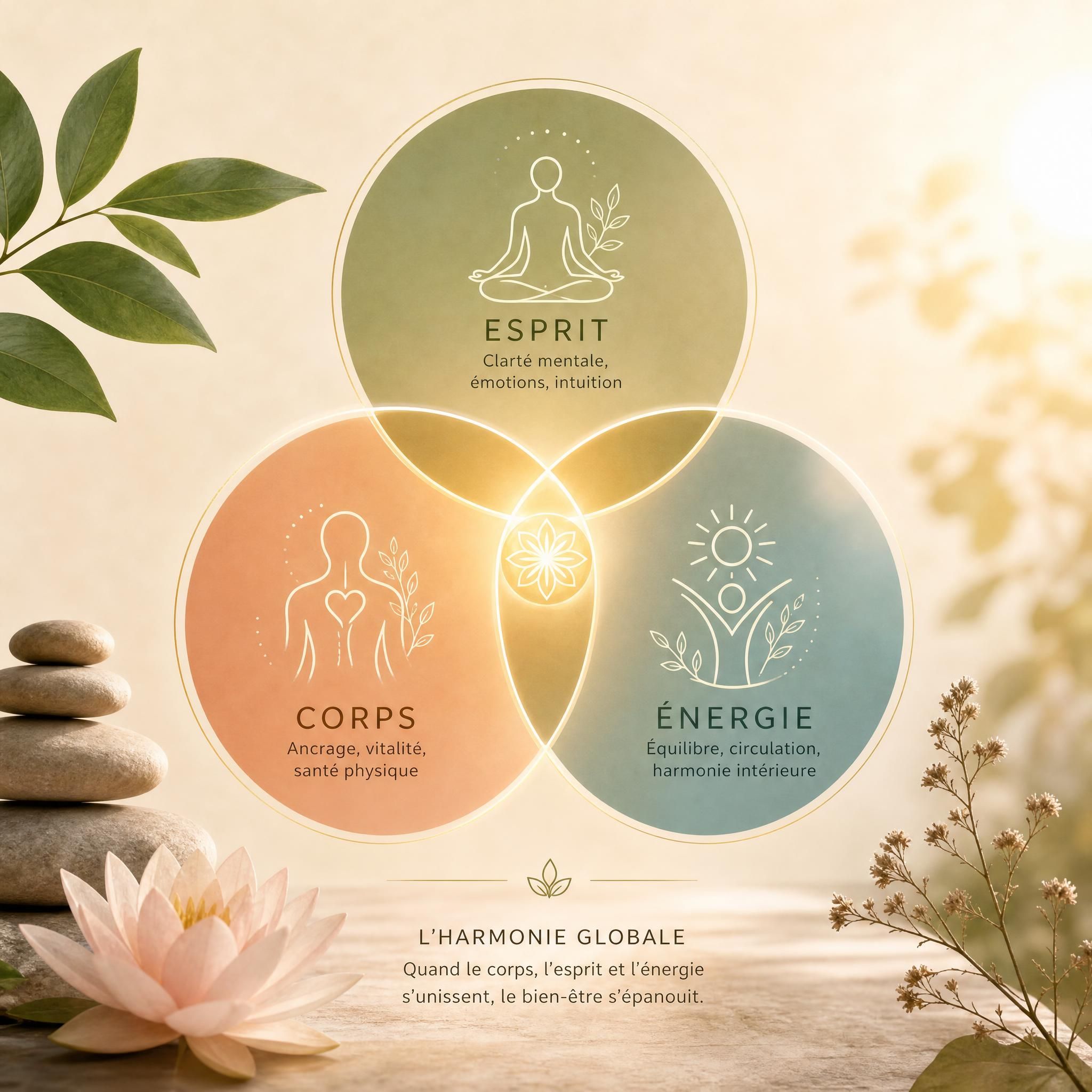 représentation symbolique des trois dimensions corps esprit énergie - cercles interconnectés, lumière chaleureuse, illustration thérapeutique holistique