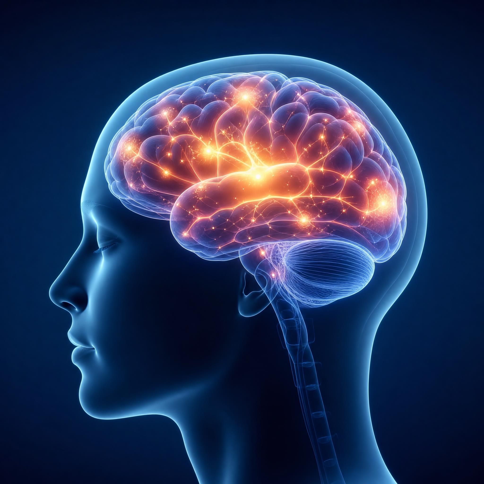 illustration cerveau humain avec zones d'activité lumineuses représentant l'état hypnotique - neurosciences et hypnose