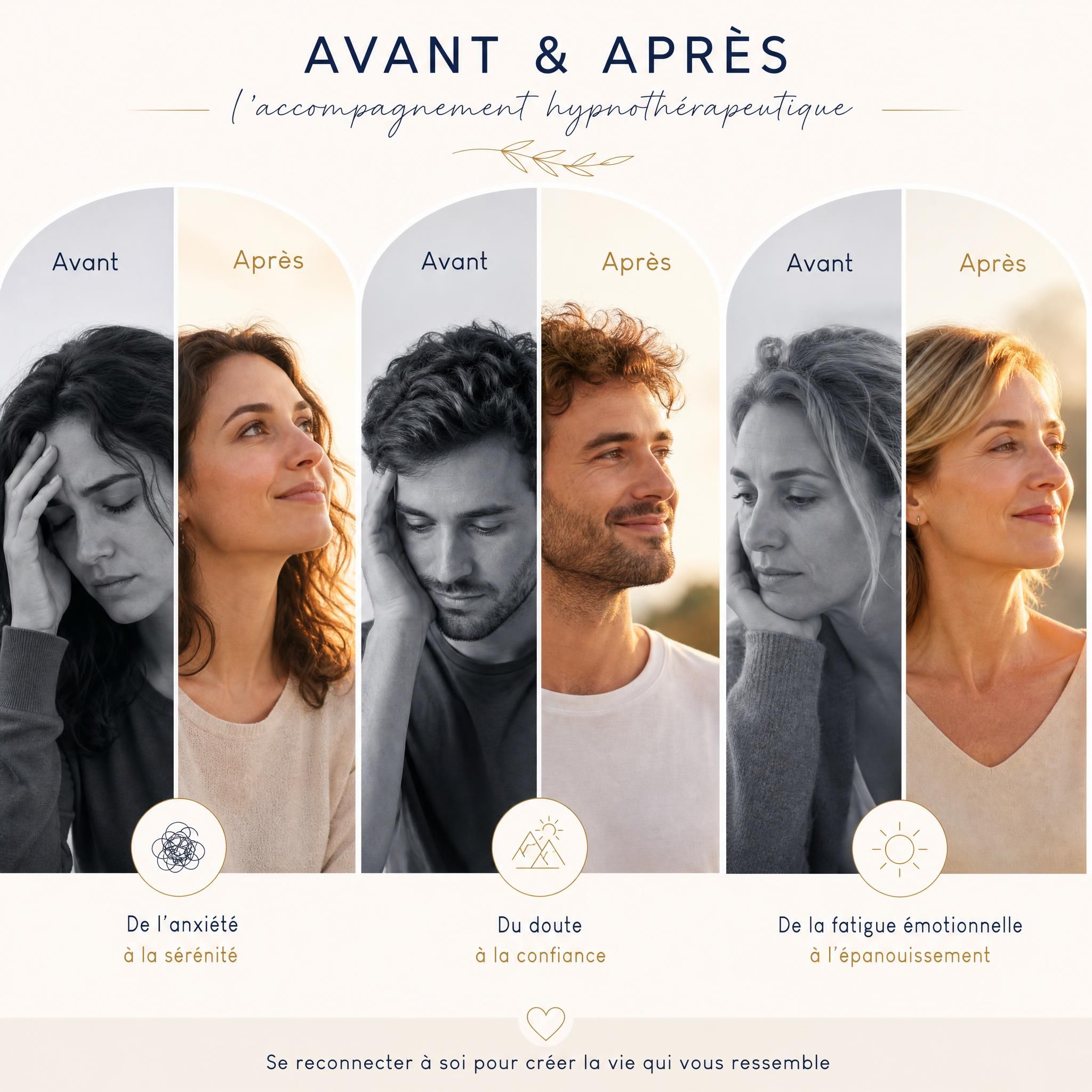 trois portraits symboliques de personnes en transformation intérieure - avant et après accompagnement hypnothérapeutique