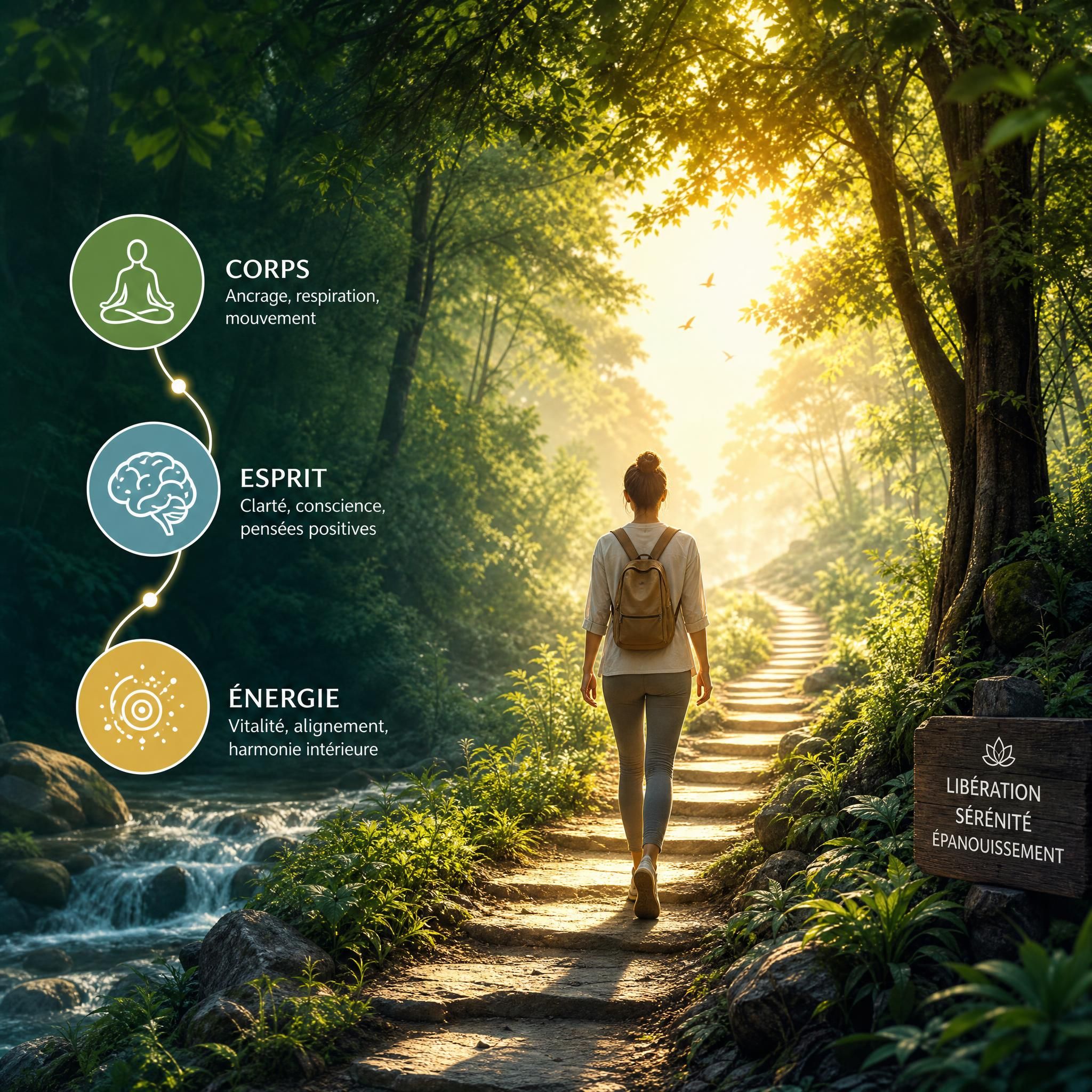 Représentation symbolique du chemin de transformation intérieure — chemin lumineux dans une forêt apaisante, métaphore du voyage corps-esprit-énergie vers la libération de l'anxiété