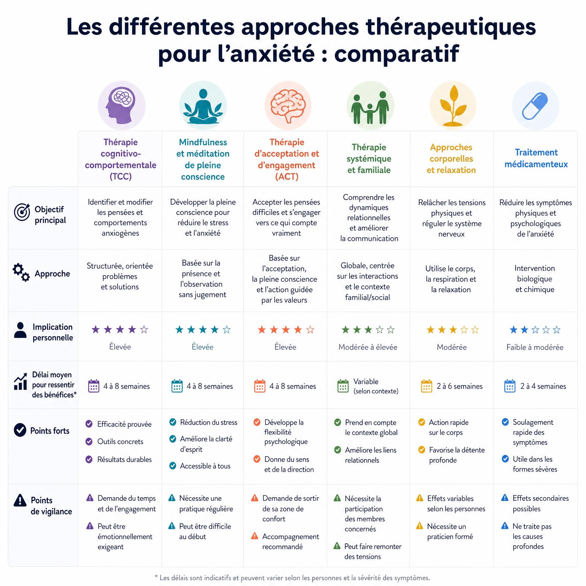 Tableau comparatif illustré des différentes approches thérapeutiques pour l'anxiété, fond blanc épuré avec icônes représentant chaque méthode