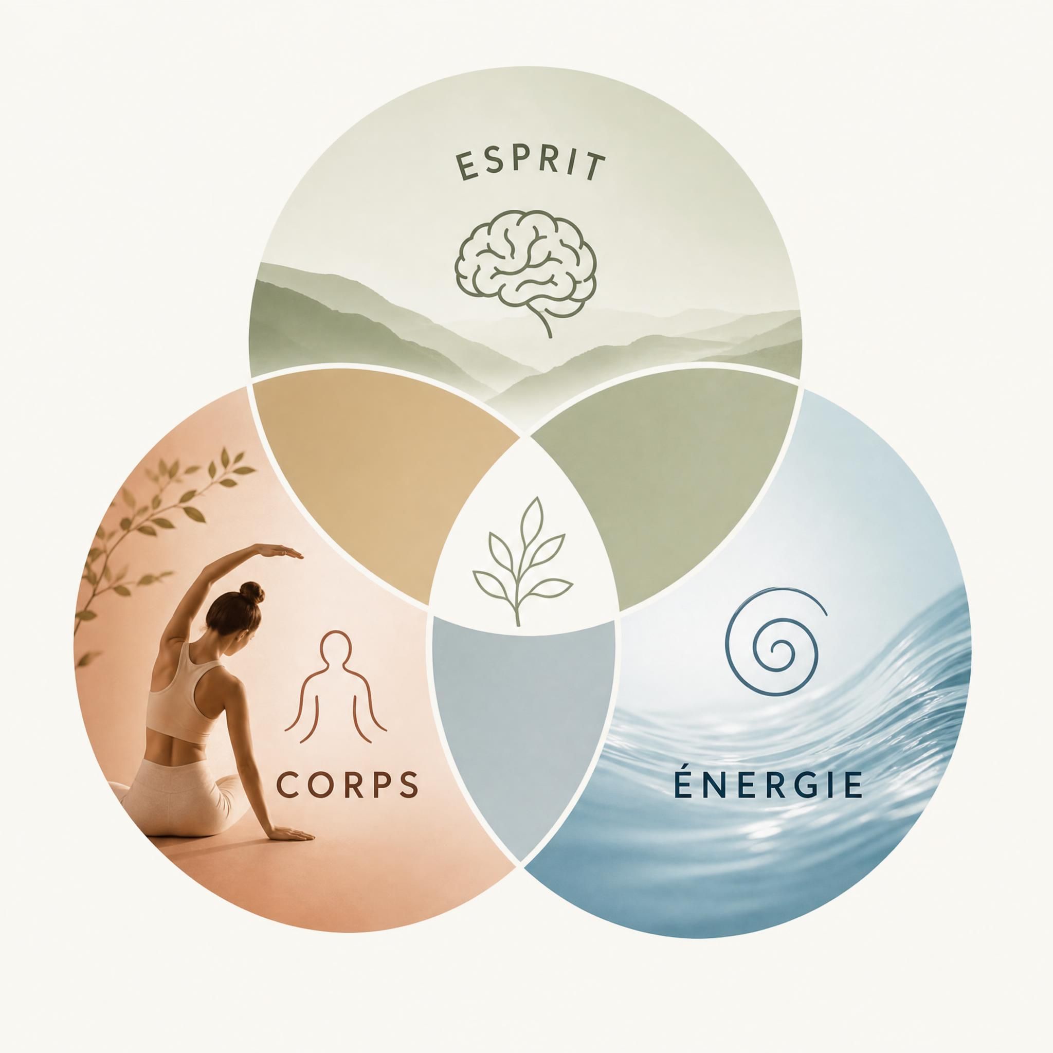 représentation symbolique des trois dimensions corps esprit énergie avec des cercles entrelacés dans des tons doux et naturels