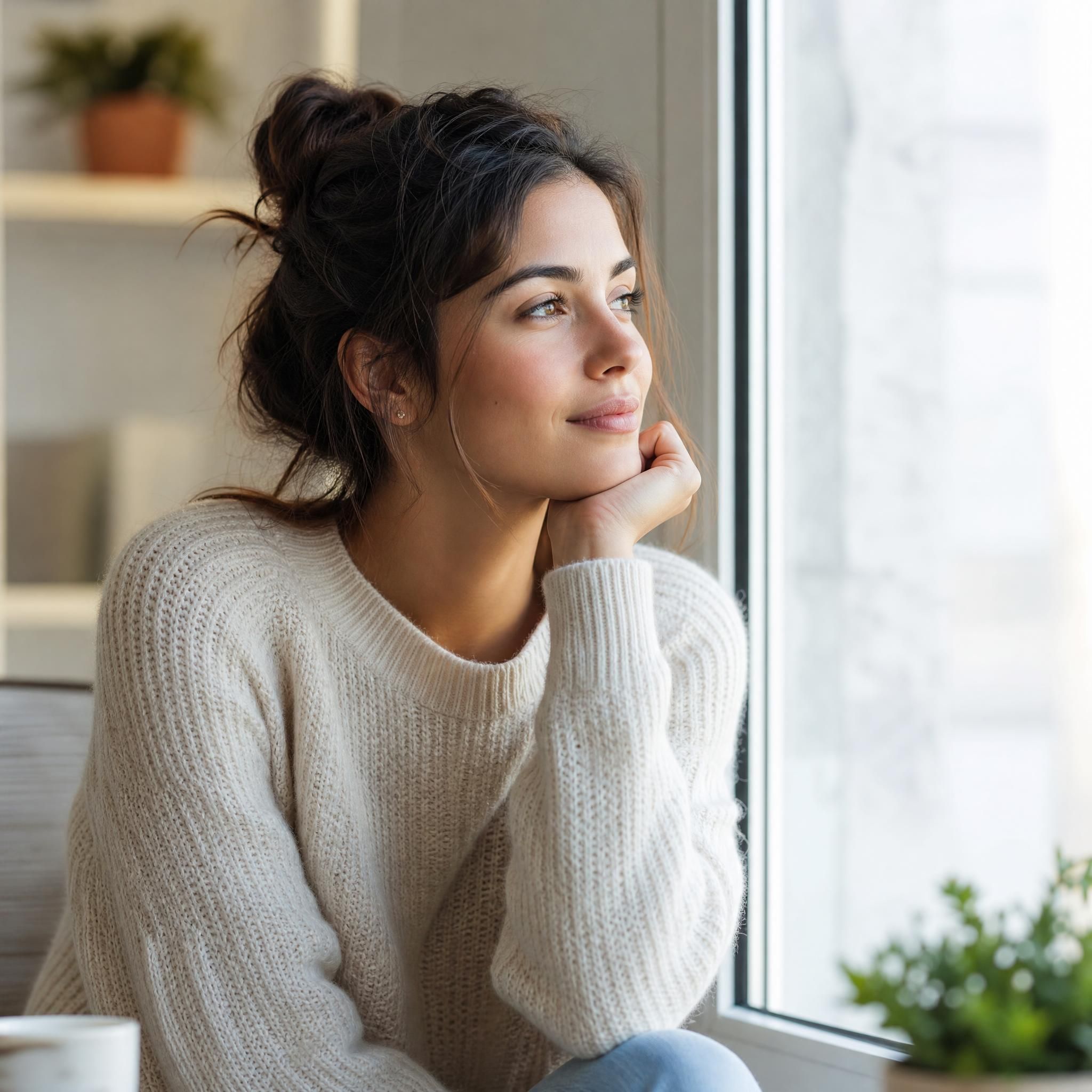 portrait doux d'une personne regardant par une fenêtre lumineuse, expression apaisée et introspective