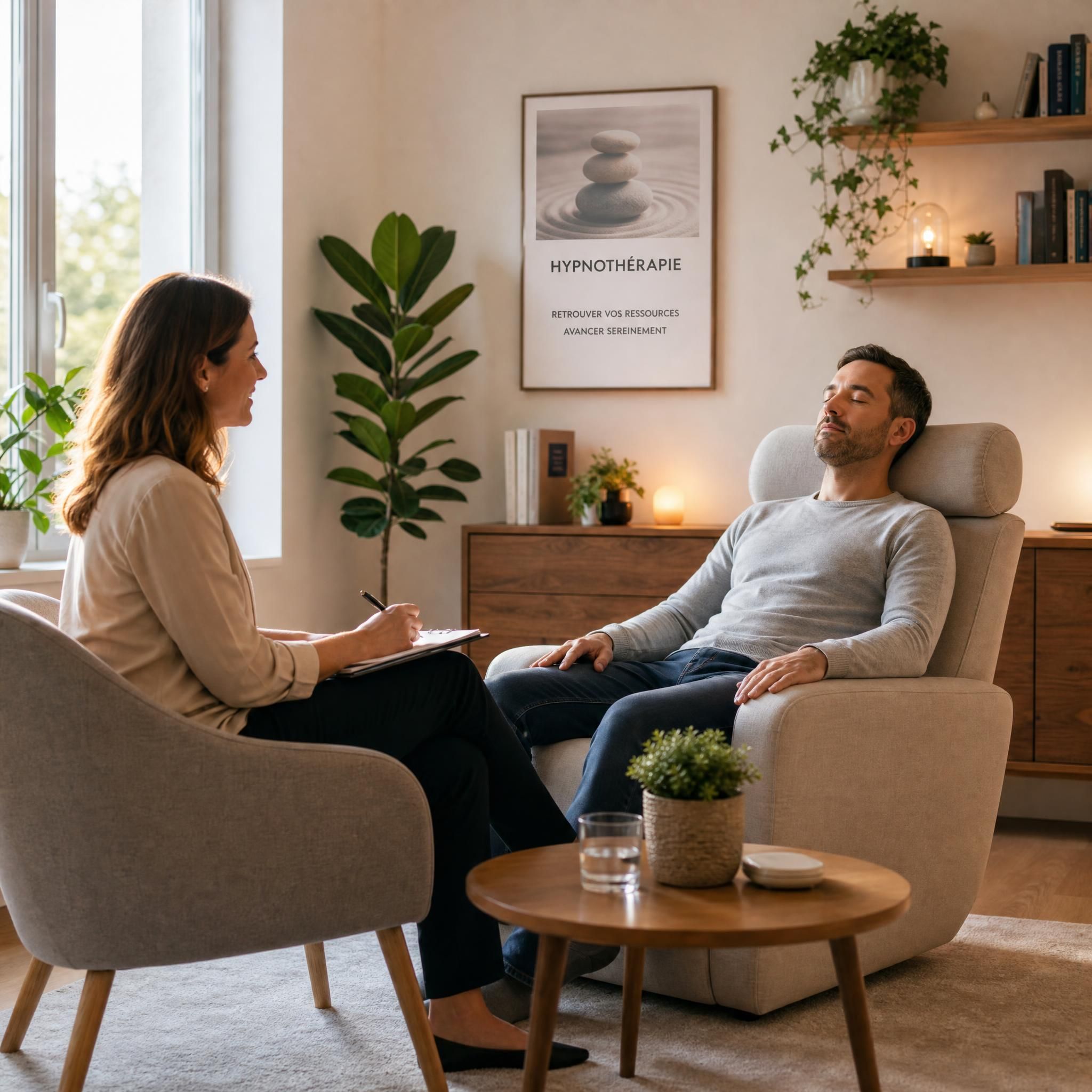 hypnothérapeute et patient dans un cabinet chaleureux et lumineux, atmosphère bienveillante et sécurisante