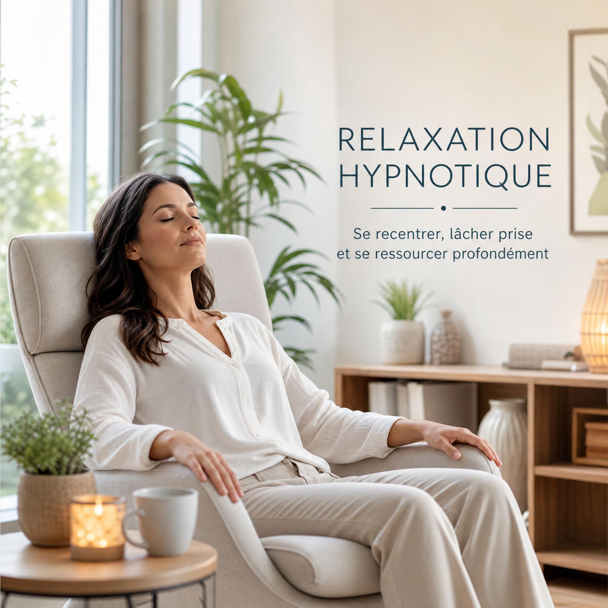 femme assise en posture détendue pratiquant la relaxation hypnotique dans un espace lumineux et apaisant