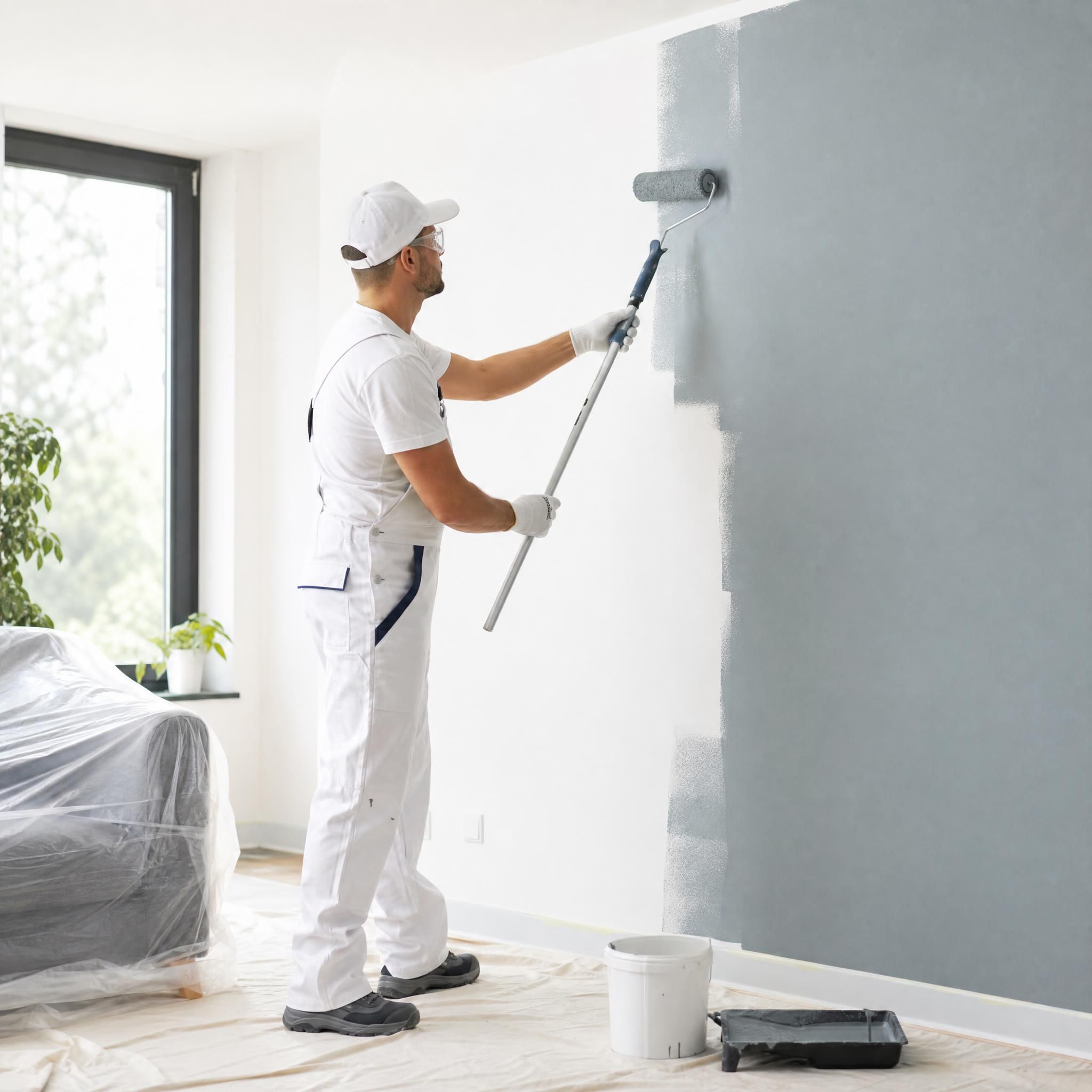 Professionnel handyman en train de peindre un mur intérieur avec un rouleau, équipement de protection et bâche de sol