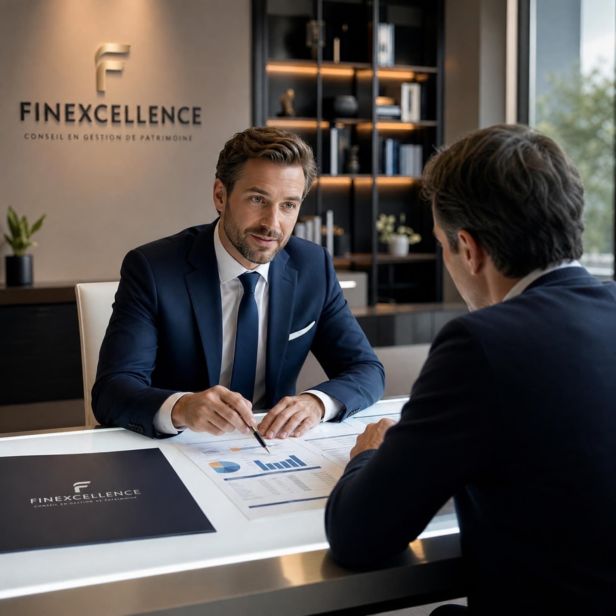 Un conseiller en gestion de patrimoine FINEXCELLENCE en discussion avec un client, analysant des documents financiers sur une table lumineuse, ambiance professionnelle et sereine