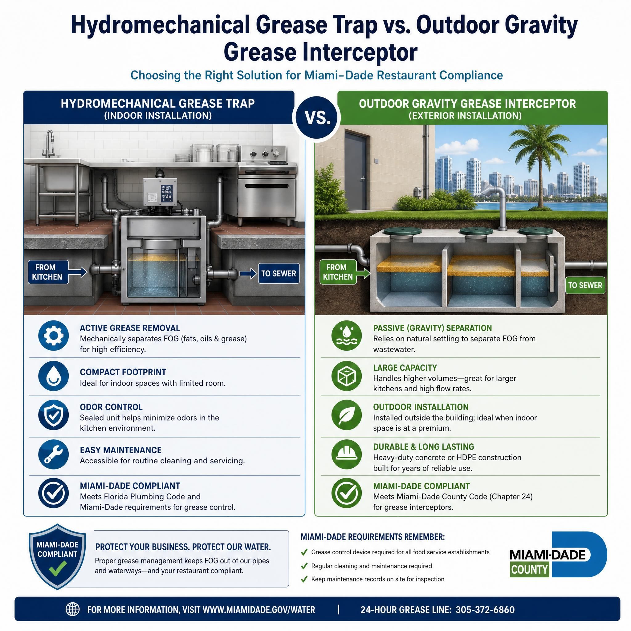 Diagram comparing a hydromechanical grease trap vs. outdoor gravity grease interceptor installation for Miami-Dade restaurant compliance