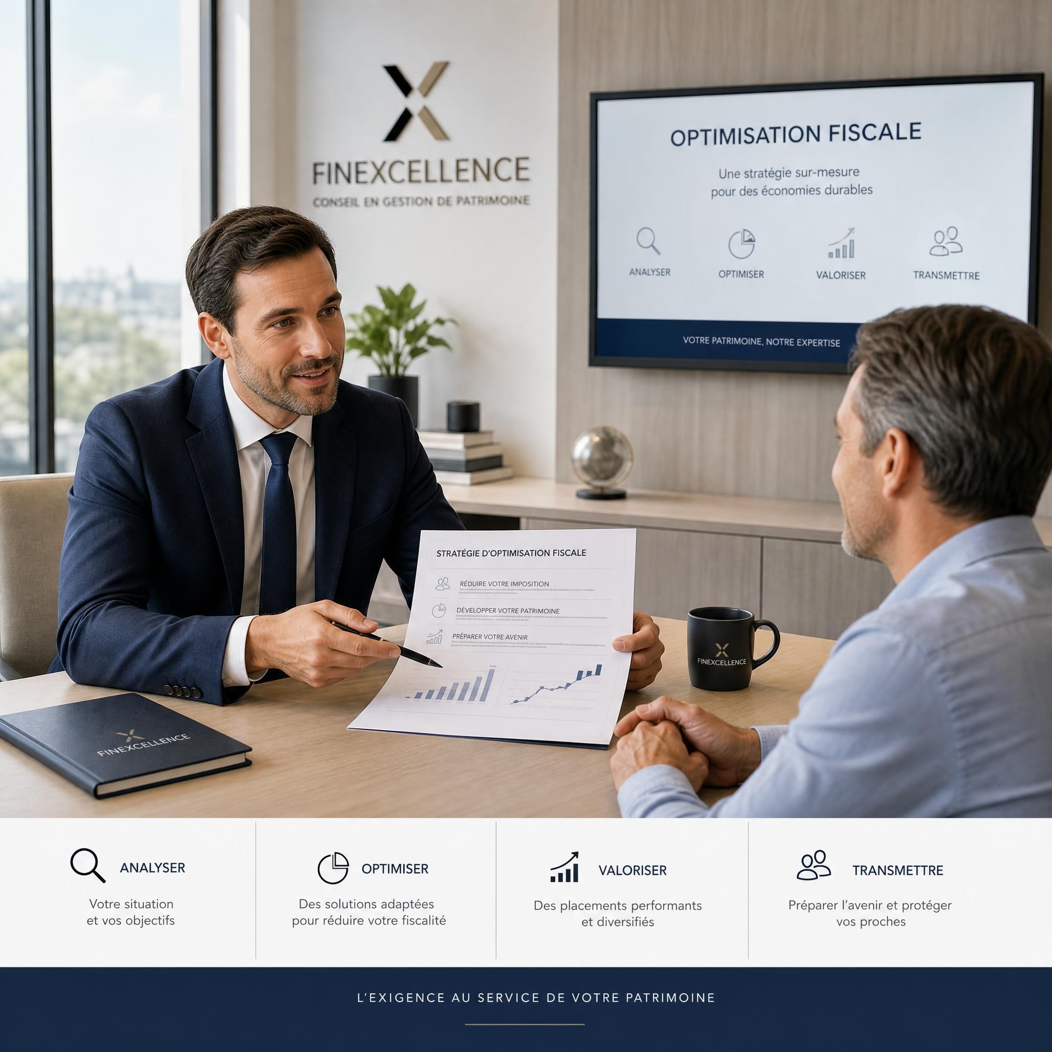 Conseiller patrimonial FINEXCELLENCE expliquant une stratégie d'optimisation fiscale à un client serein dans un bureau moderne