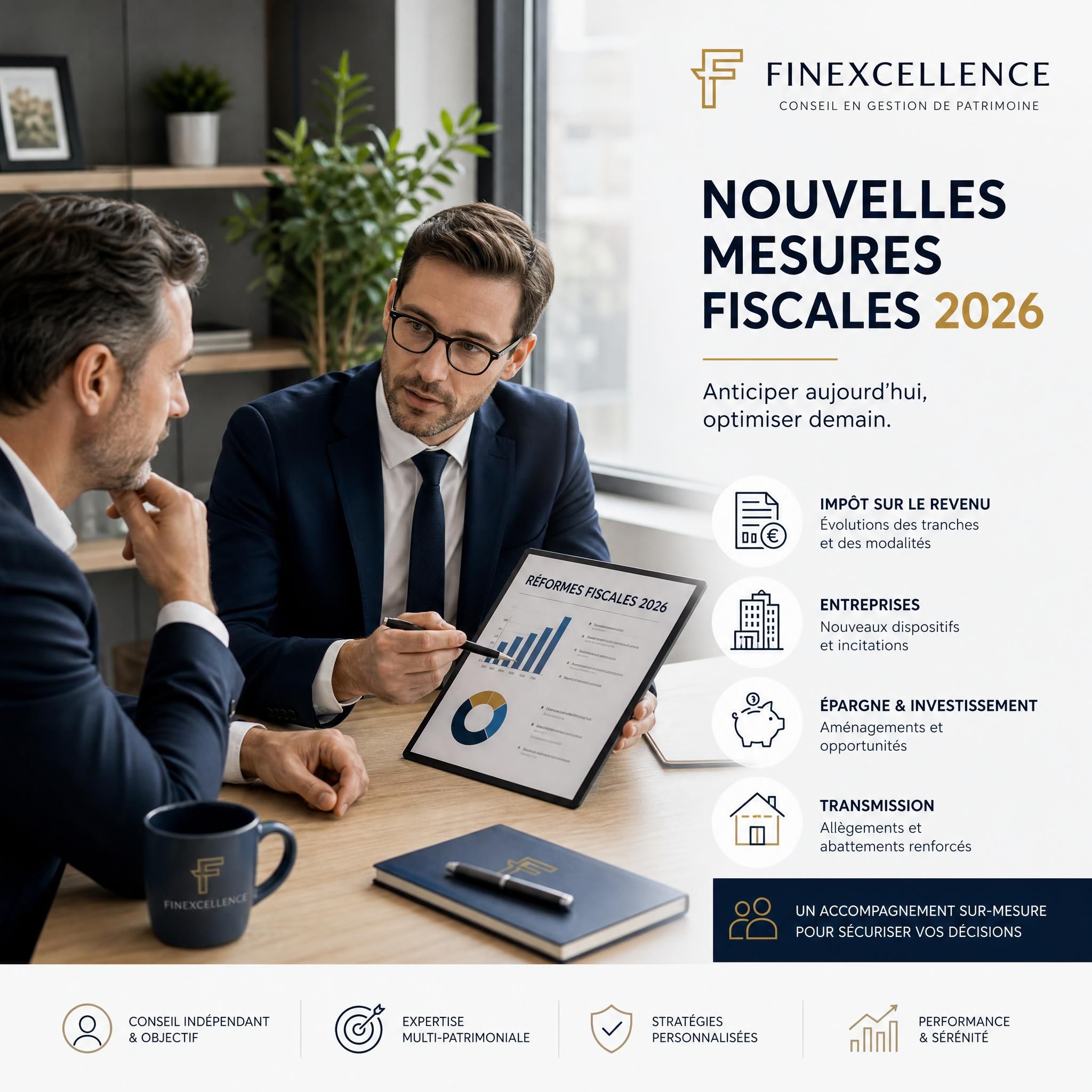 Conseiller en gestion de patrimoine FINEXCELLENCE accompagnant un chef d'entreprise dans l'analyse des nouvelles mesures fiscales 2026