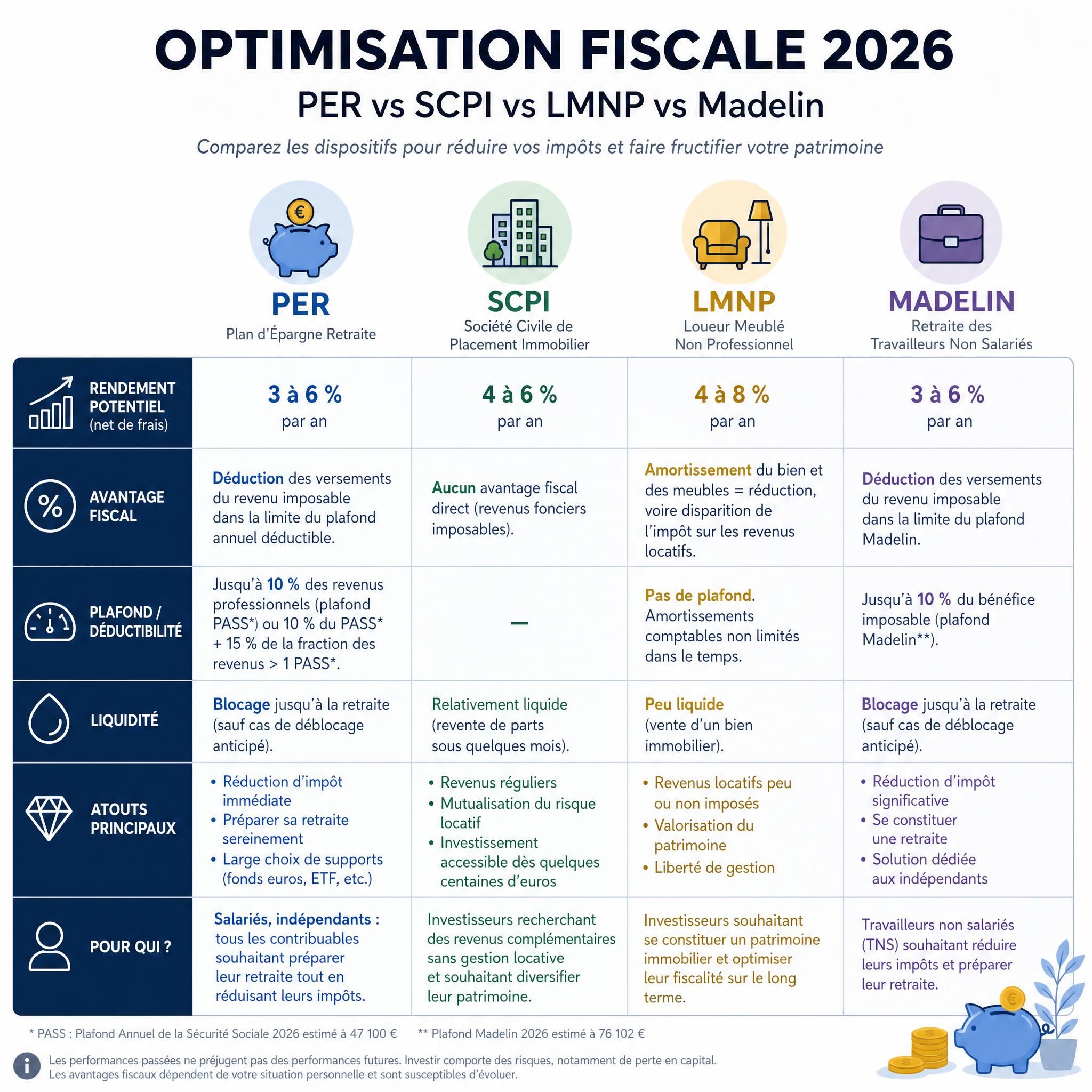 Infographie comparative des dispositifs d'optimisation fiscale 2026 : PER vs SCPI vs LMNP vs Madelin, avec rendements et avantages fiscaux