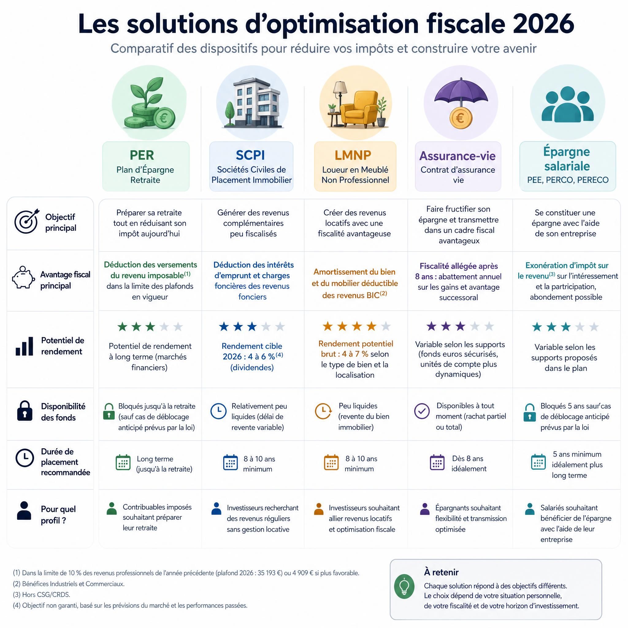 Infographie comparative des solutions d'optimisation fiscale 2026 : PER, SCPI, LMNP, assurance-vie, épargne salariale