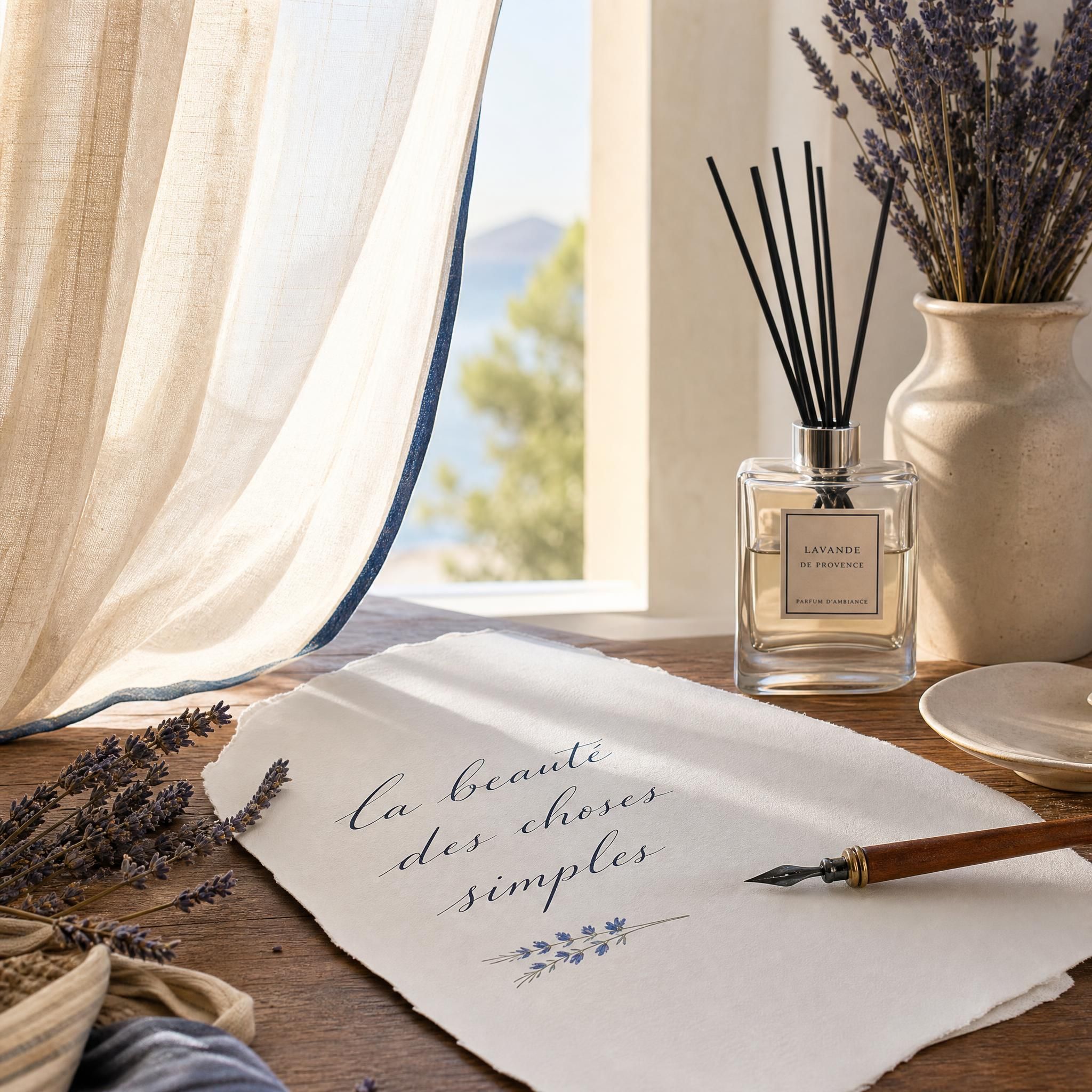 Warm Mediterranean morning light filtering through a linen curtain onto a calligraphy piece on a wooden table, with dried lavender and a perfume diffuser in the background — sensory art slow life Riviera