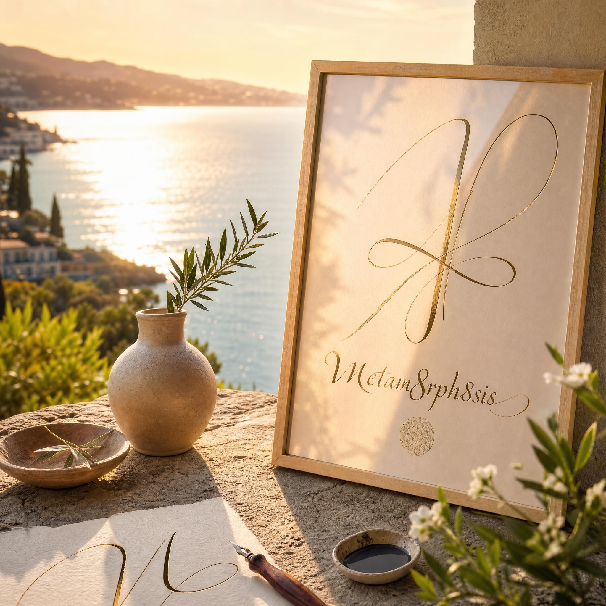 Lumière dorée de fin d'après-midi sur la Riviera française, reflets méditerranéens sur une calligraphie artisanale encadrée posée sur une terrasse en pierre — art sensoriel méditerranéen Metam8rph8sis