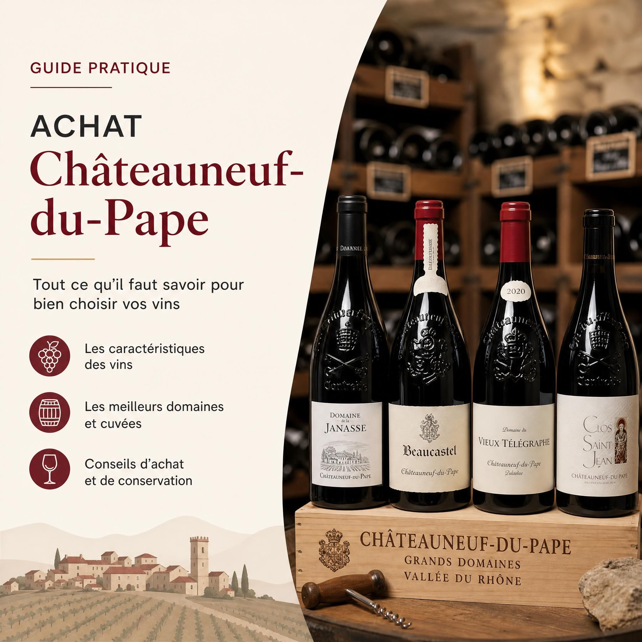 Guide pratique achat Châteauneuf-du-Pape - cave à vin avec bouteilles de grands domaines de la Vallée du Rhône