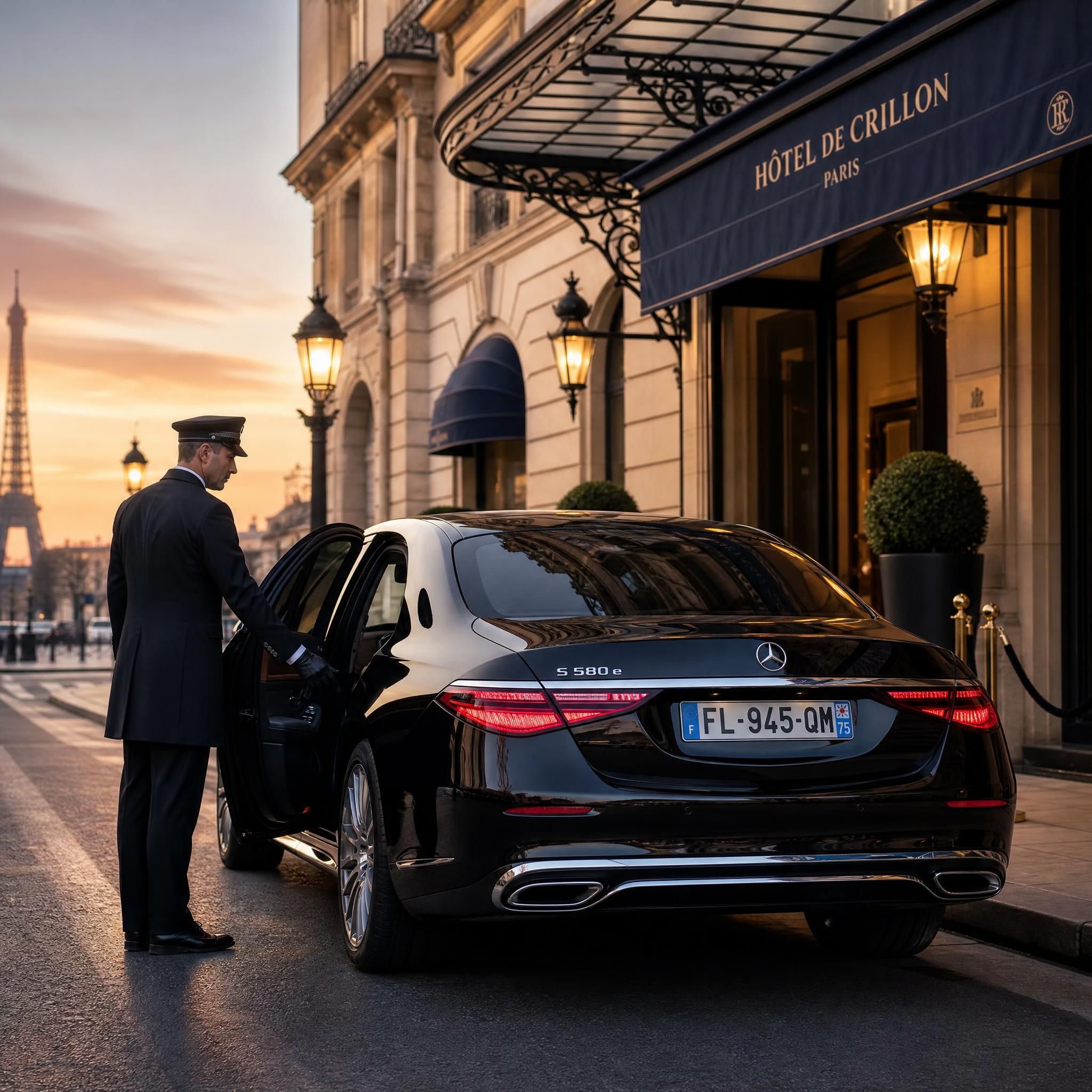 Chauffeur professionnel en tenue sombre ouvrant la portière d'une Mercedes Classe S noire devant un hôtel de luxe parisien à l'aube