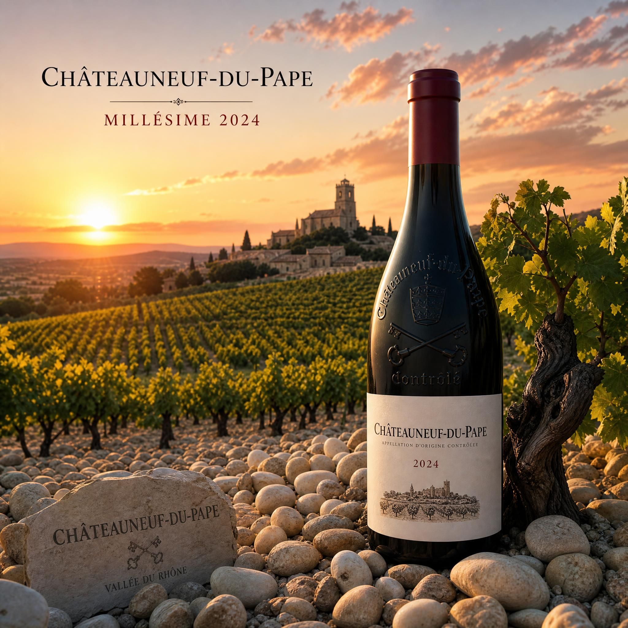 Vignoble de Châteauneuf-du-Pape avec galets roulés au coucher du soleil, millésime 2024