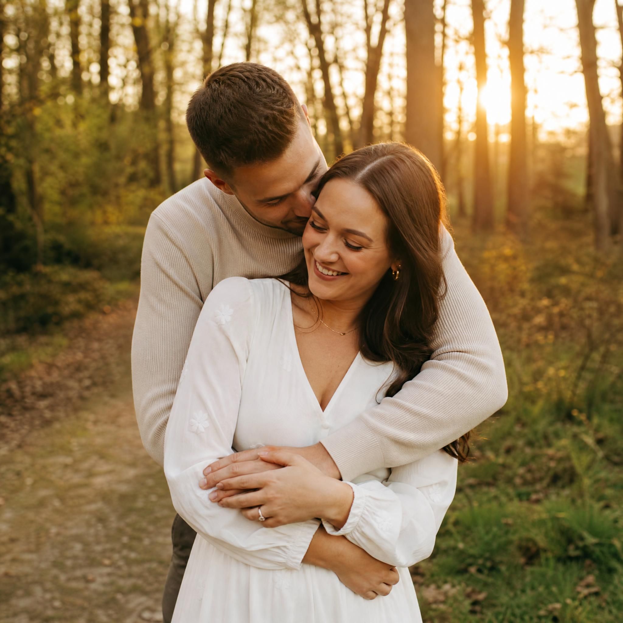 Couple enlacé lors d'un shooting engagement au coucher du soleil dans les forêts de La Hulpe, Brabant wallon — photographe mariage naturel Belgique Alexis