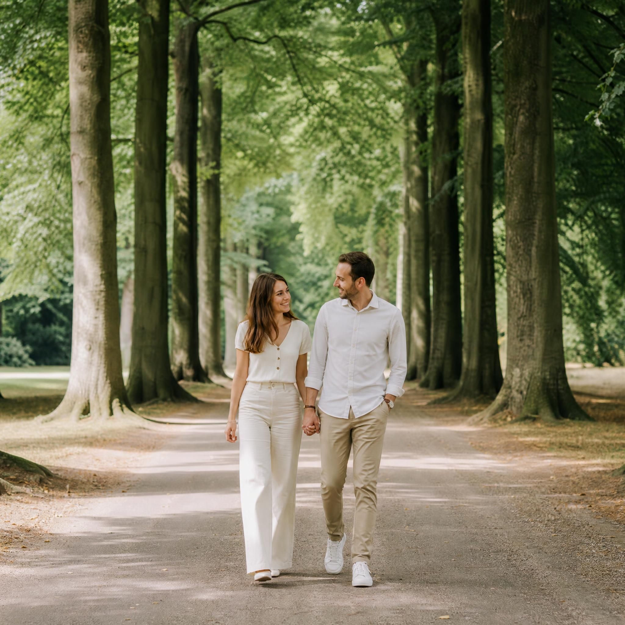Couple en tenues naturelles marchant dans les allées du Domaine de la Hulpe lors d'un shooting engagement Bruxelles Brabant wallon, photographe mariage authentique Alexis
