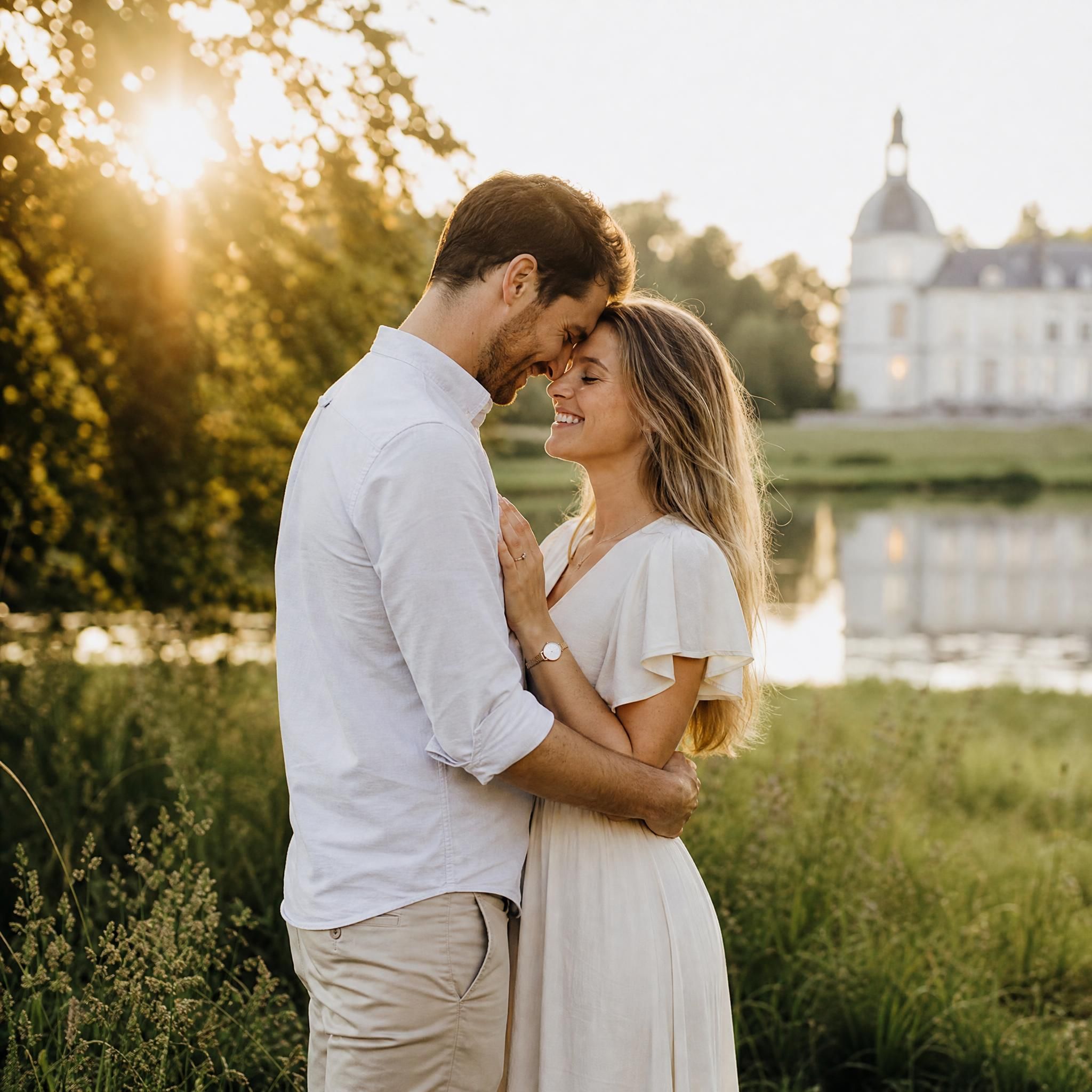 Couple enlacé lors d'un shooting engagement naturel au Domaine de La Hulpe, lumière dorée de fin de journée, photographe mariage naturel Belgique Alexis