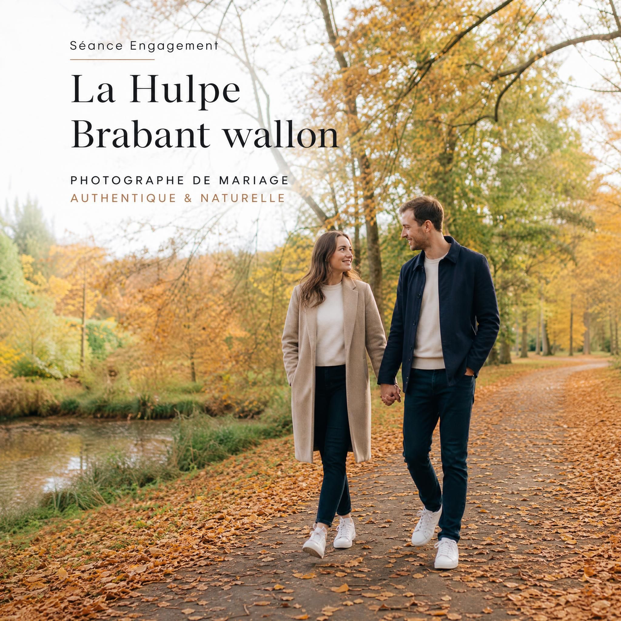 Couple main dans la main se promenant dans un parc automnal du Brabant wallon près de La Hulpe, séance engagement photographe mariage authentique Belgique