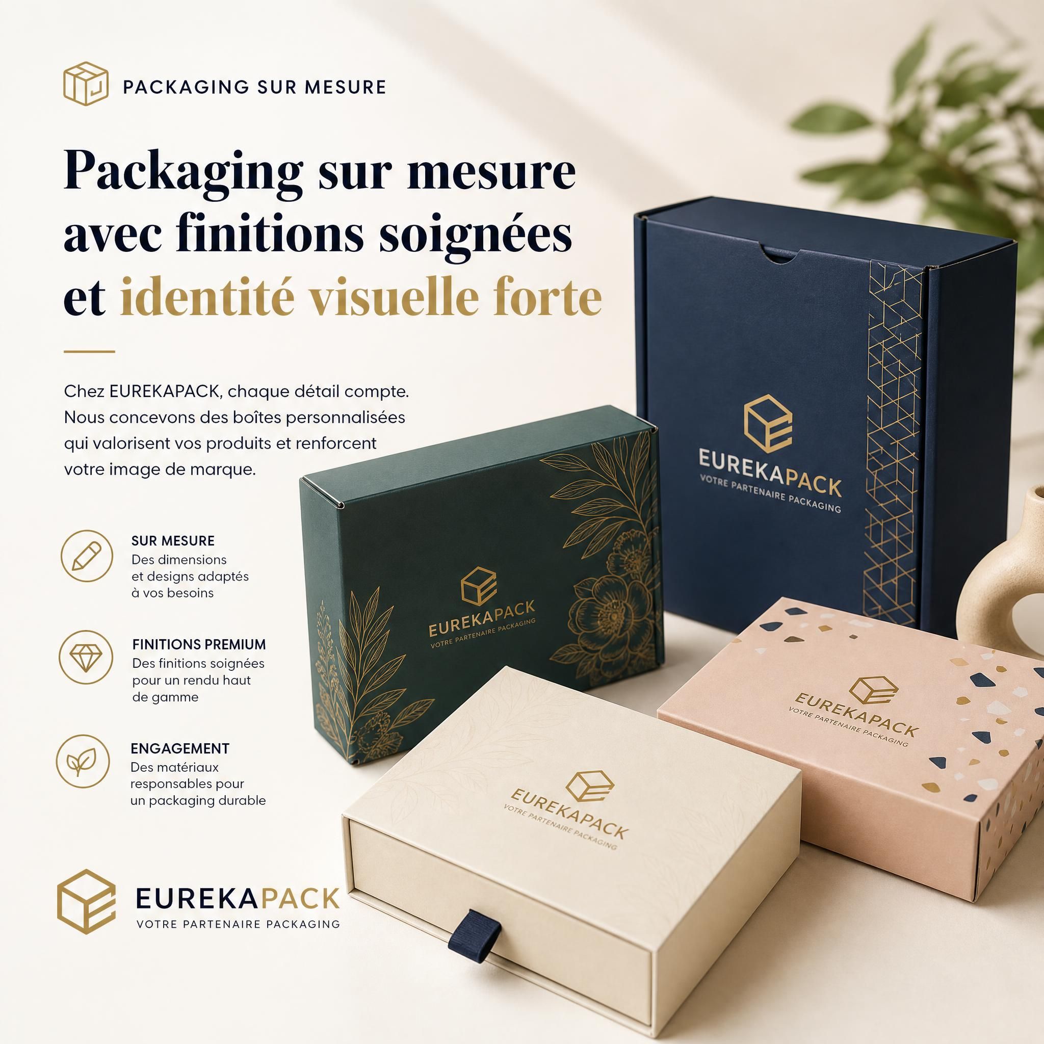 Packaging sur mesure avec finitions soignées et identité visuelle forte — boîtes personnalisées EUREKAPACK