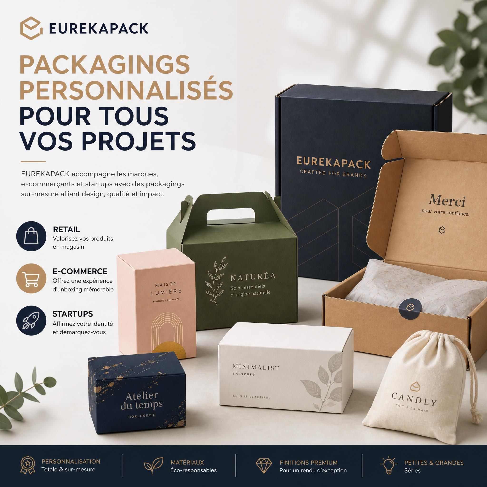 Packagings personnalisés EUREKAPACK pour différents secteurs — retail, e-commerce et startups, avec finitions premium