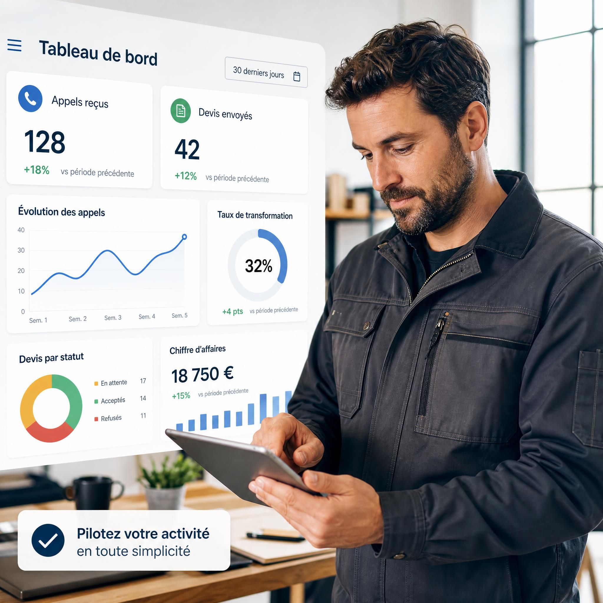 Artisan entrepreneur en veste de travail consultant un tableau de bord digital sur tablette, avec des statistiques d'appels et de devis en arrière-plan dans un bureau professionnel