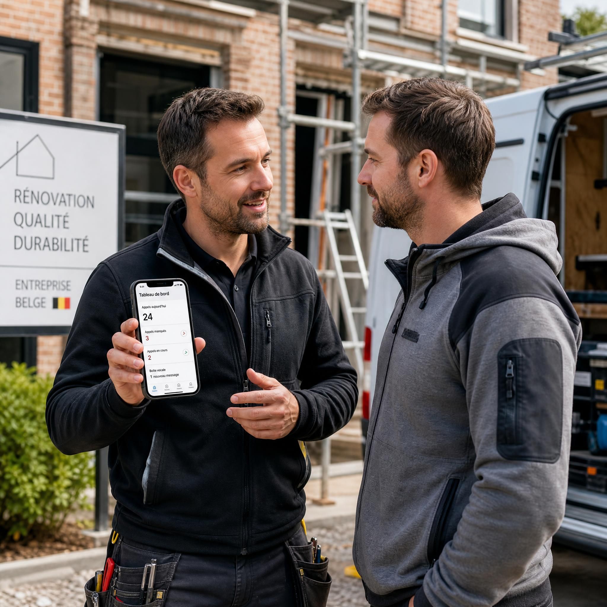 Deux artisans entrepreneurs belges discutant devant un chantier de rénovation, l'un montrant son smartphone avec une interface de gestion d'appels professionnelle
