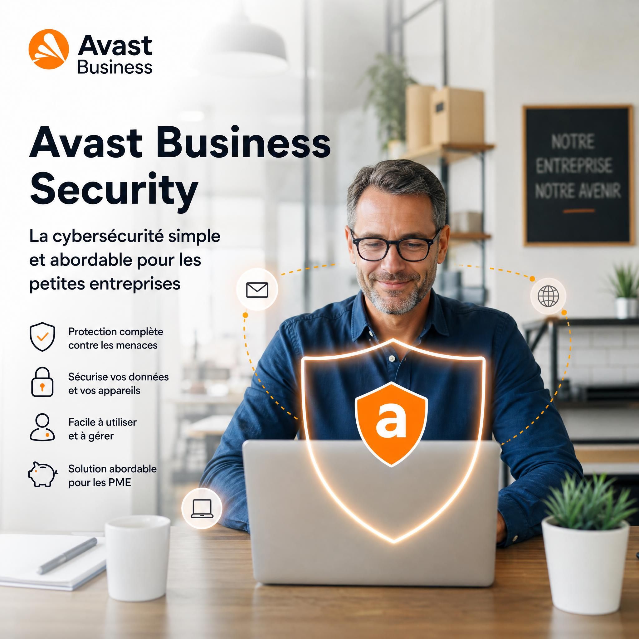 Chef d'entreprise PME serein devant son ordinateur, protégé par Avast Business Security - cybersécurité simple et abordable pour les petites entreprises