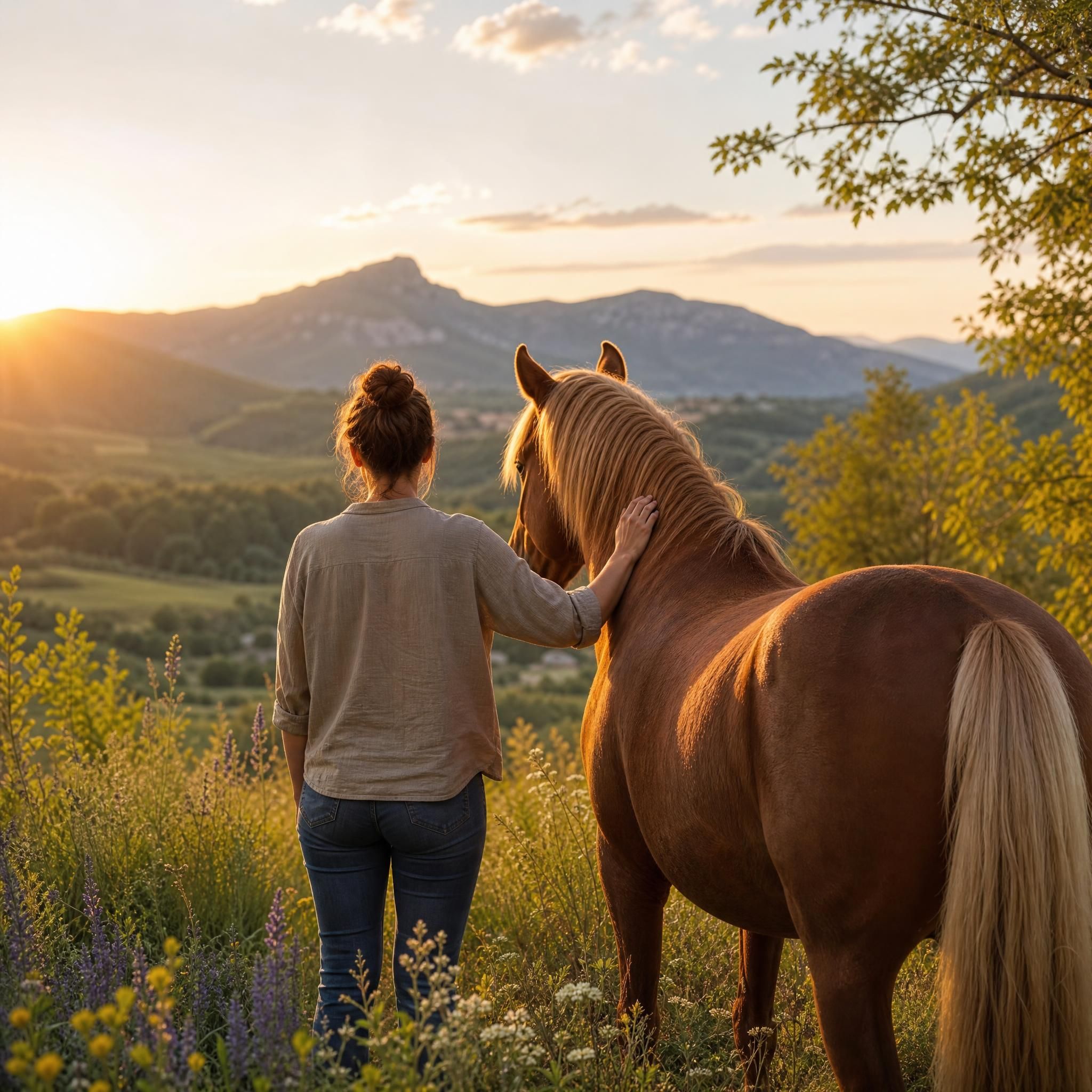Interaction douce entre une personne adulte et un cheval dans un pré provençal, vue de dos pour préserver la confidentialité, lumière dorée de fin de journée, cadre naturel des Baronnies provençales