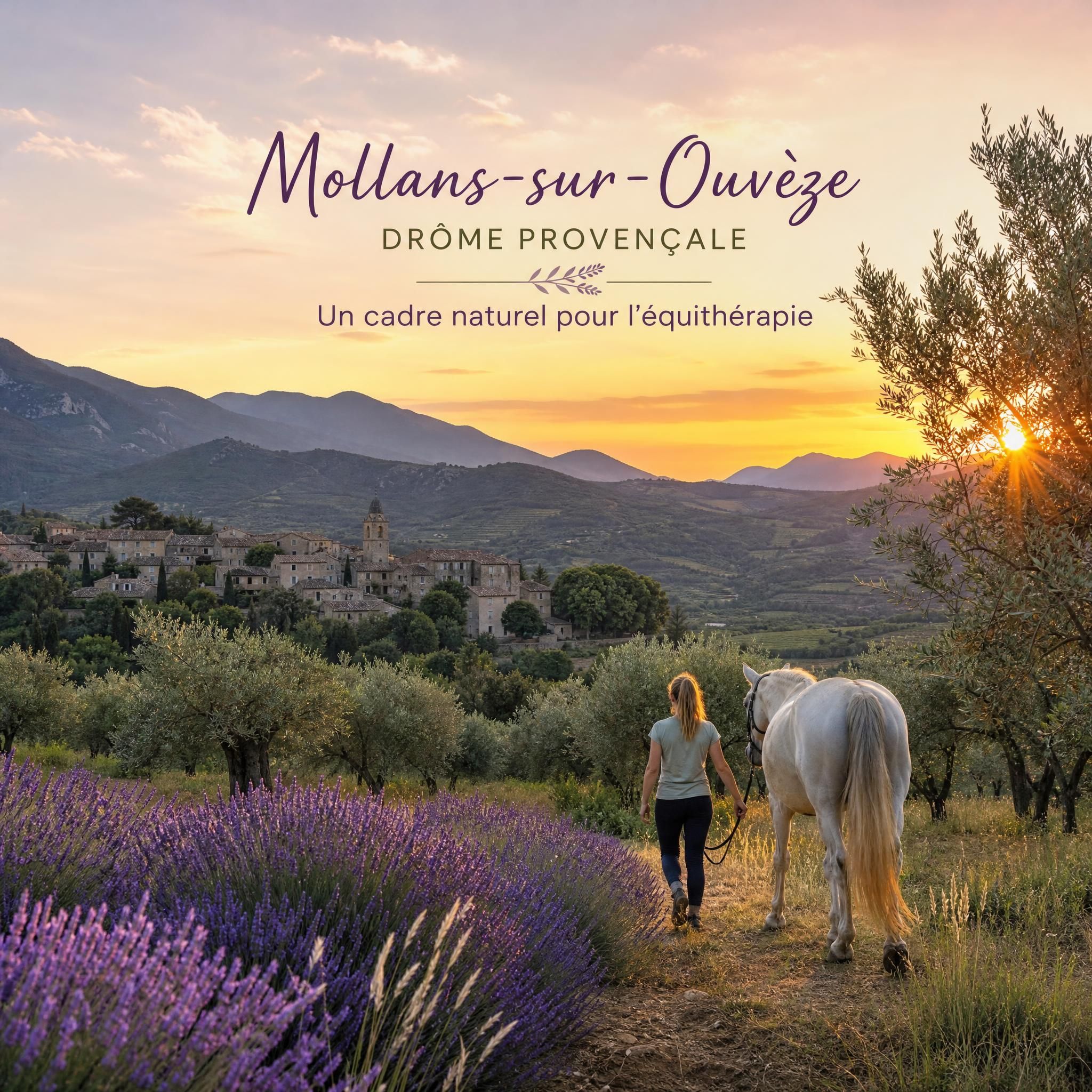 Paysage provençal de Mollans-sur-Ouvèze au coucher du soleil, collines des Baronnies provençales avec oliviers et lavande, cadre naturel de l'équithérapie en Drôme provençale