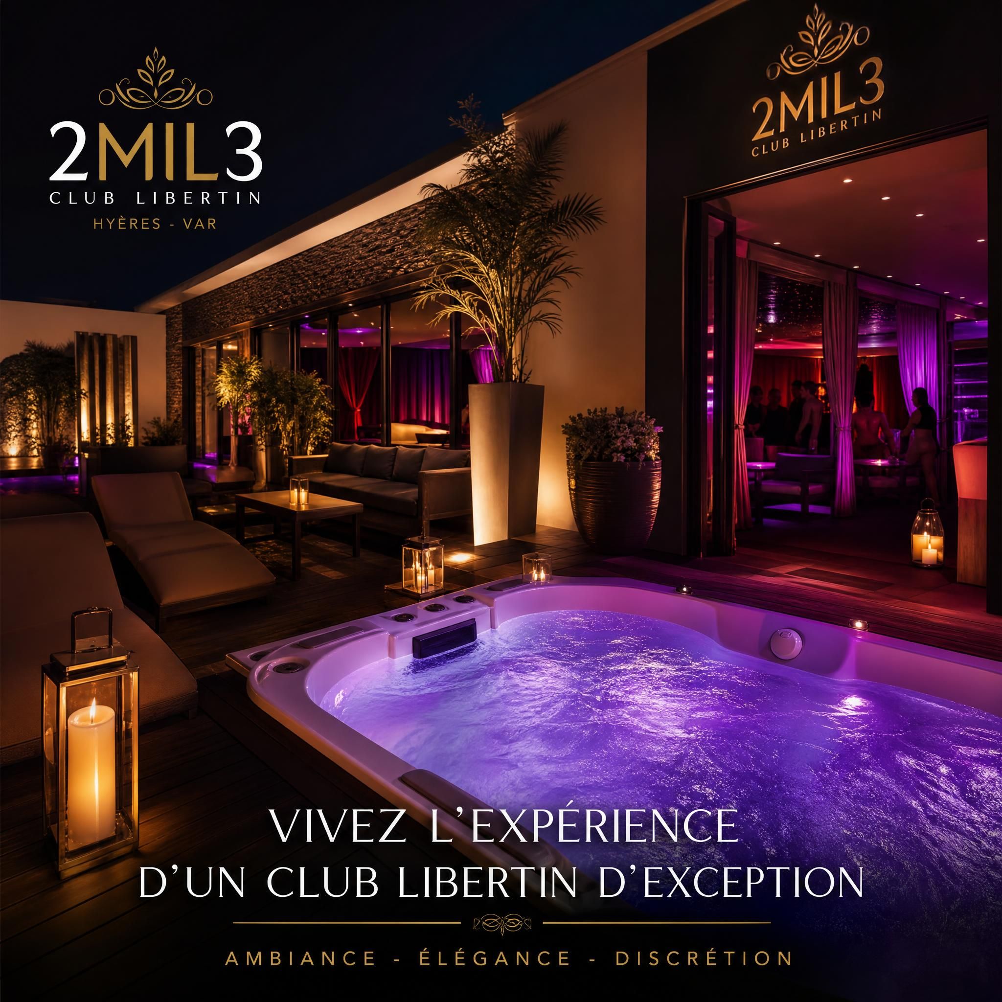 Ambiance nocturne élégante d'un club libertin haut de gamme en PACA avec lumières tamisées, jacuzzi et décoration raffinée — club 2mil3 Hyères Var