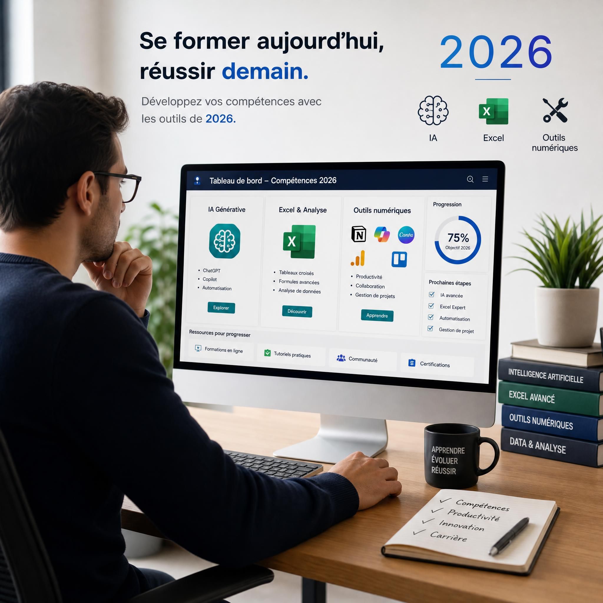 Professionnel en formation devant un écran avec des logiciels IA, Excel et outils numériques en 2026