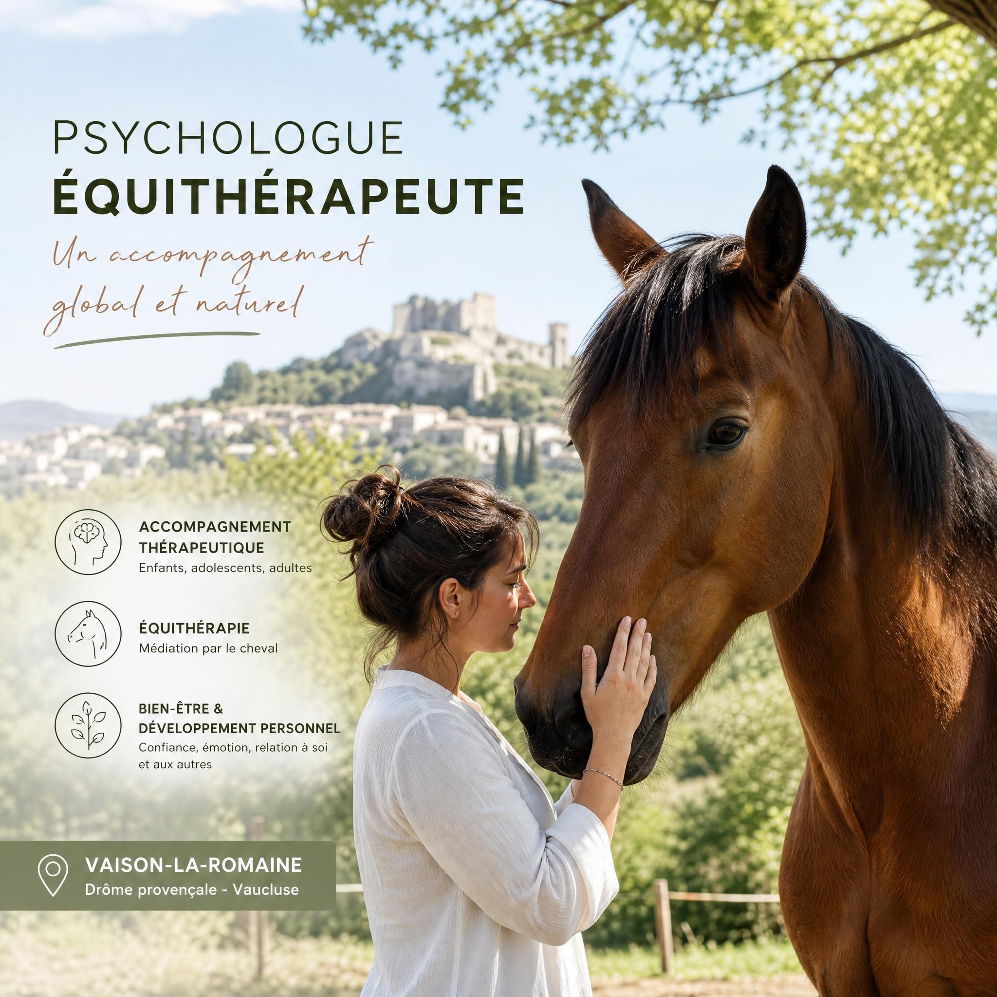 Psychologue équithérapeute avec cheval à Vaison-la-Romaine, séance en plein air Drôme provençale Vaucluse