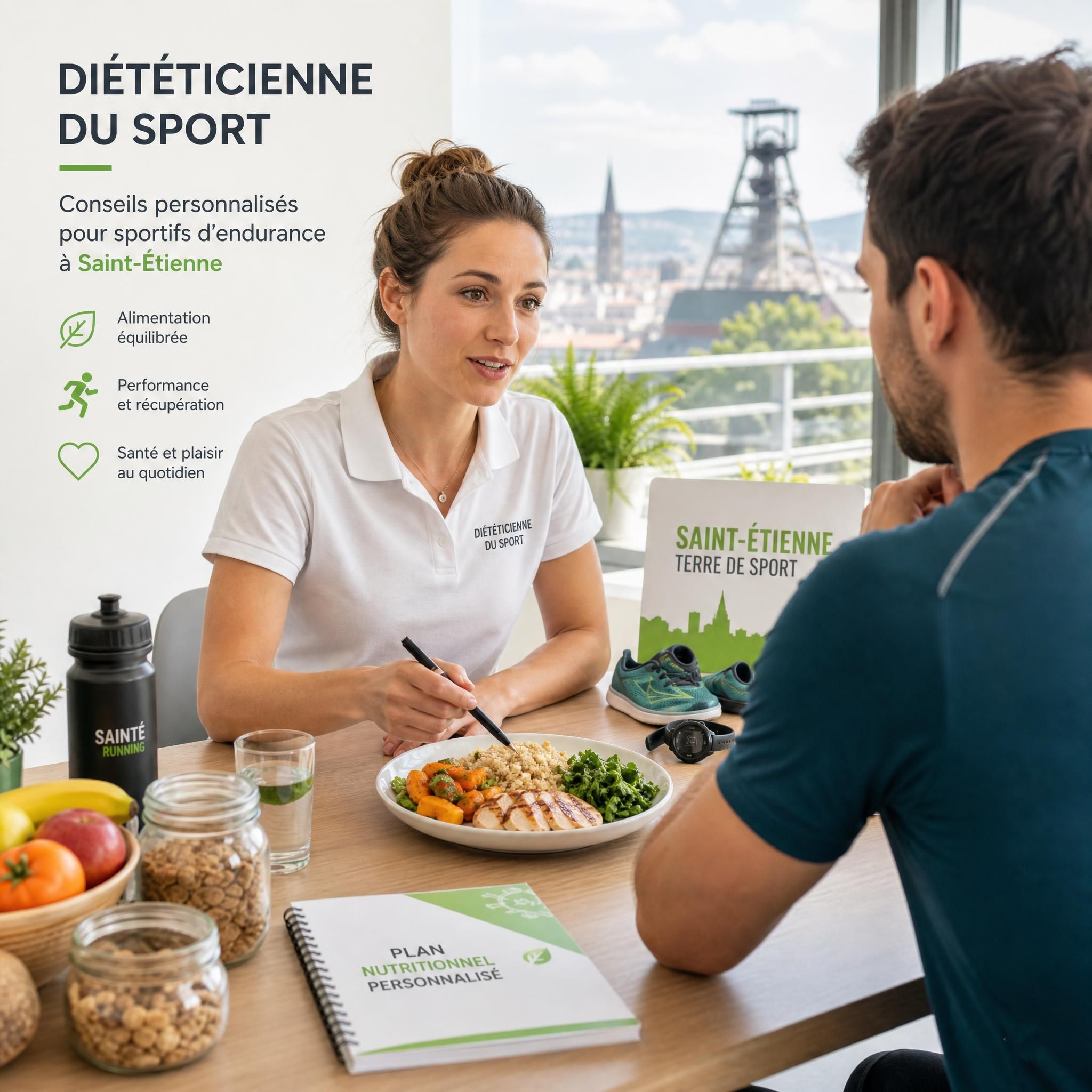 Diététicienne du sport conseillant un sportif d'endurance sur son alimentation à Saint-Étienne, assiette équilibrée et matériel de running en arrière-plan