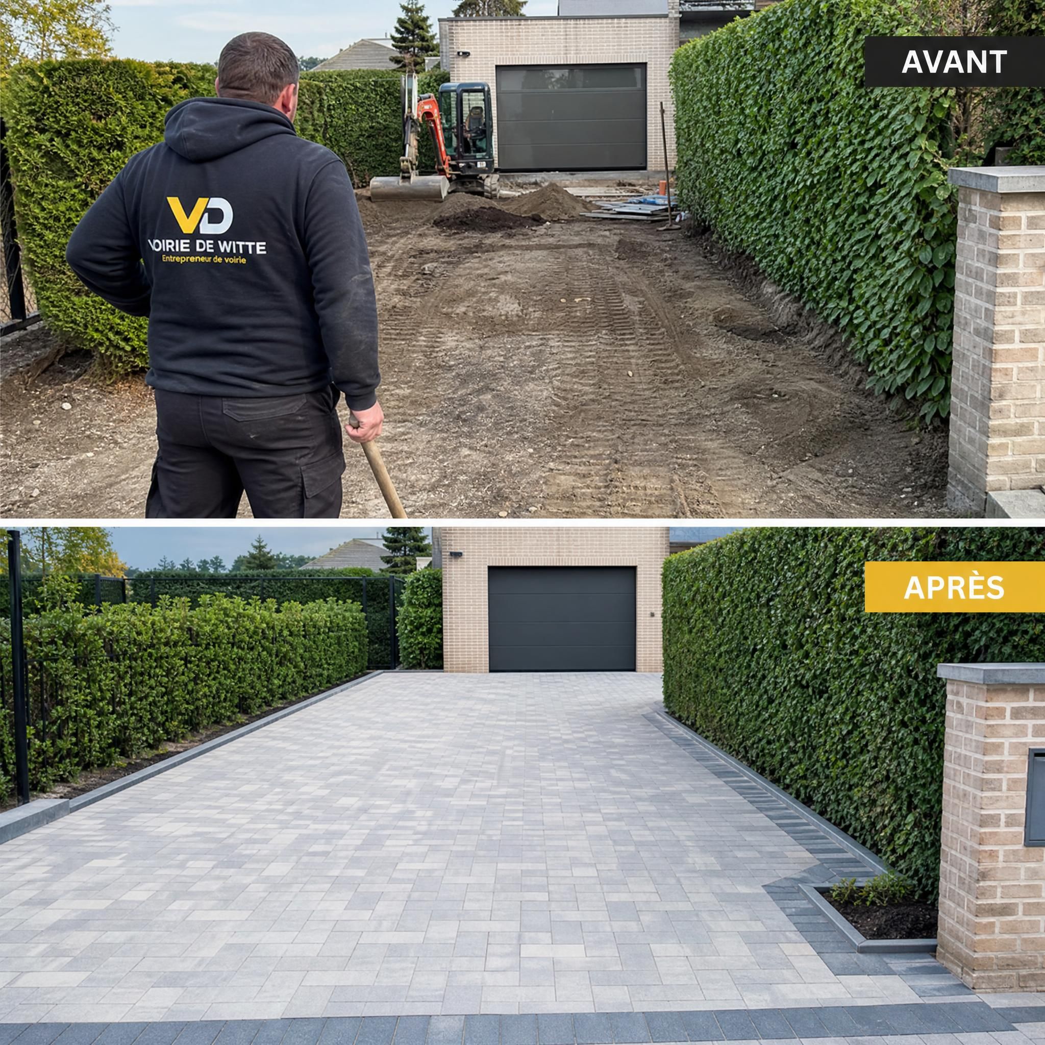 Entrepreneur belge de voirie sur un chantier d'allée pavée, photo authentique avant/après travaux, style documentaire réel