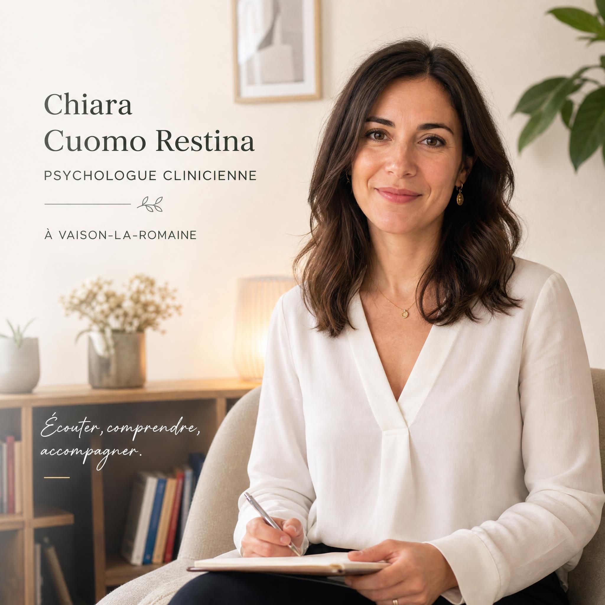 Chiara Cuomo Restina, psychologue clinicienne à Vaison-la-Romaine, portrait professionnel chaleureux