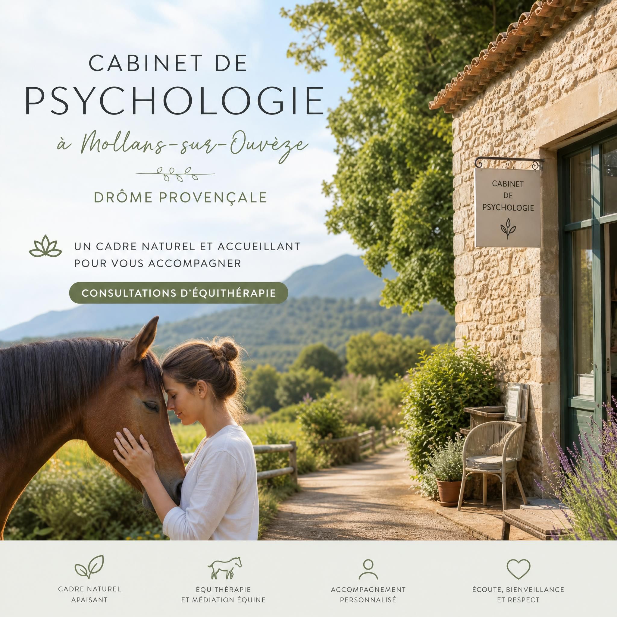 Cabinet de psychologie à Mollans-sur-Ouvèze en Drôme provençale, cadre naturel et accueillant pour les consultations d'équithérapie