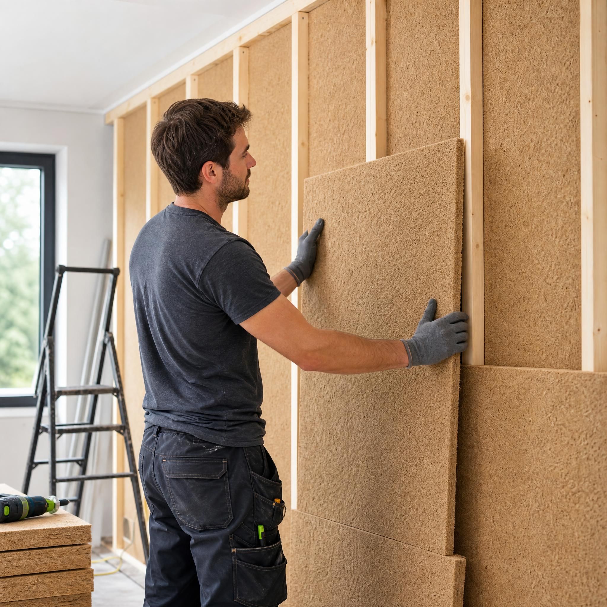 Artisan posant des panneaux de fibre de bois sur un mur lors d'une rénovation intérieure