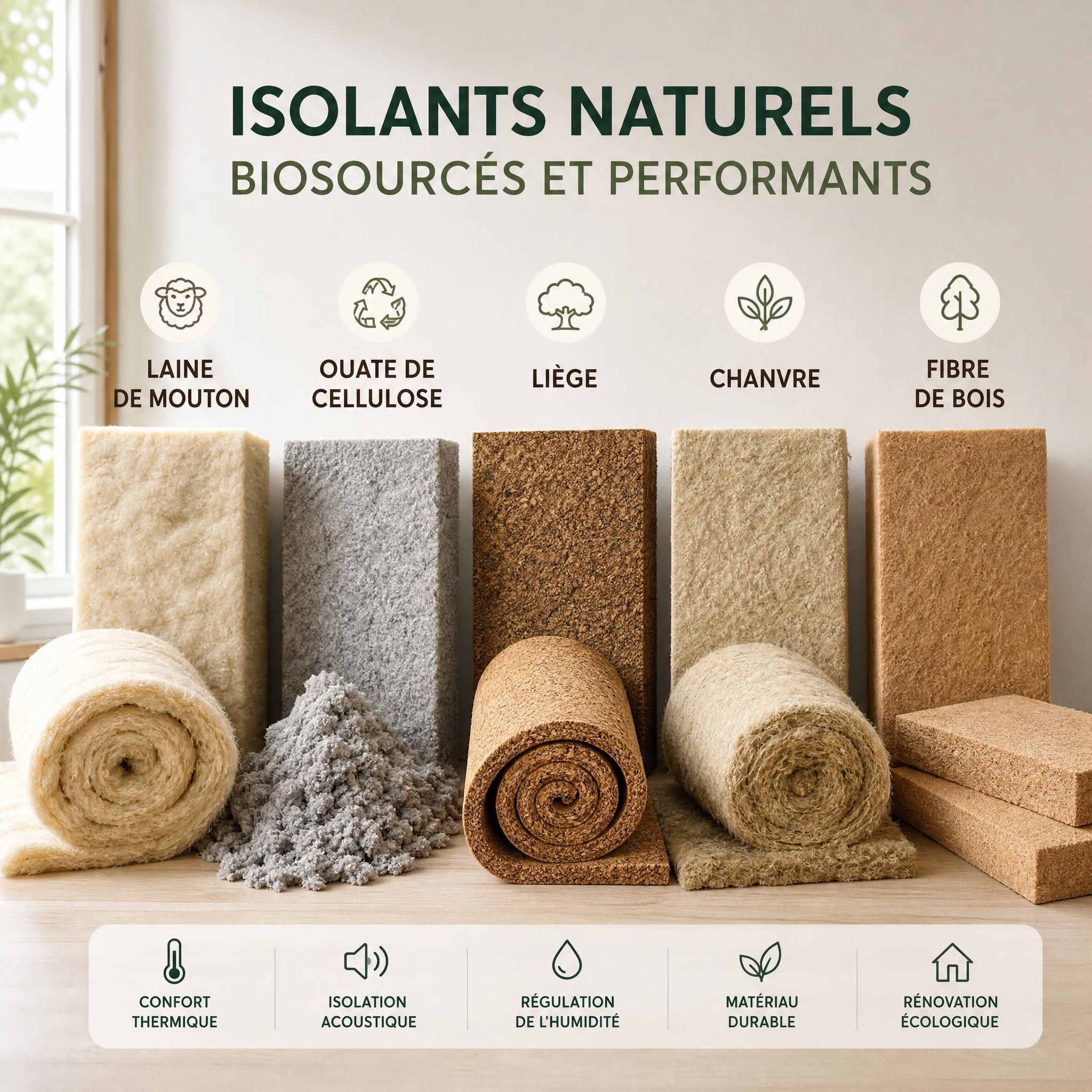Panneaux et rouleaux d'isolants naturels biosourcés côte à côte : laine de mouton, ouate de cellulose, liège, chanvre et fibre de bois
